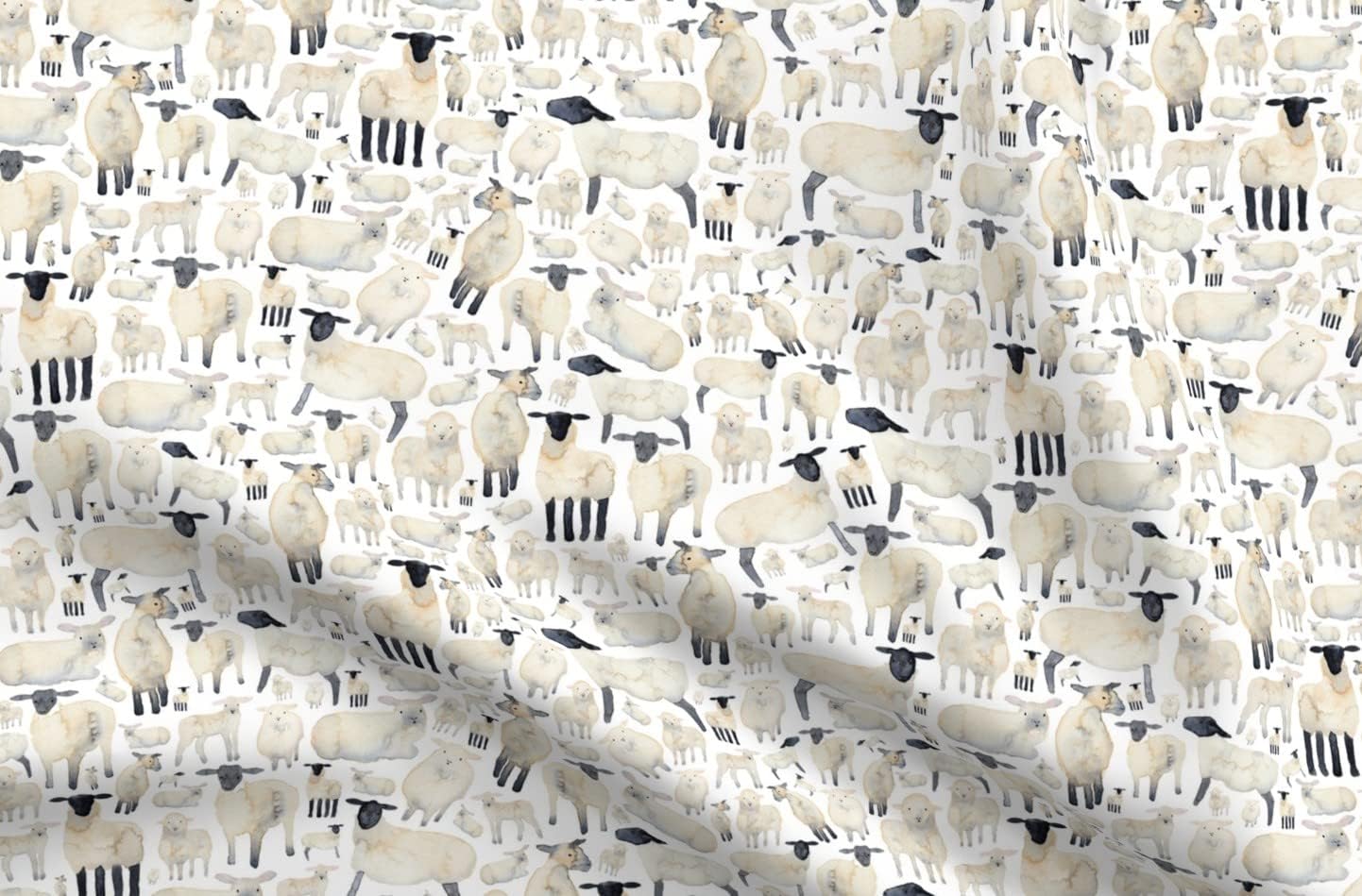 Spoonflower Fabric - White Sheep Farmyard Animal Lamb Spring Easter Printed on Organic Cotton Sateen Fabric by The Yard - Sewing Quilting Apparel Home Decor