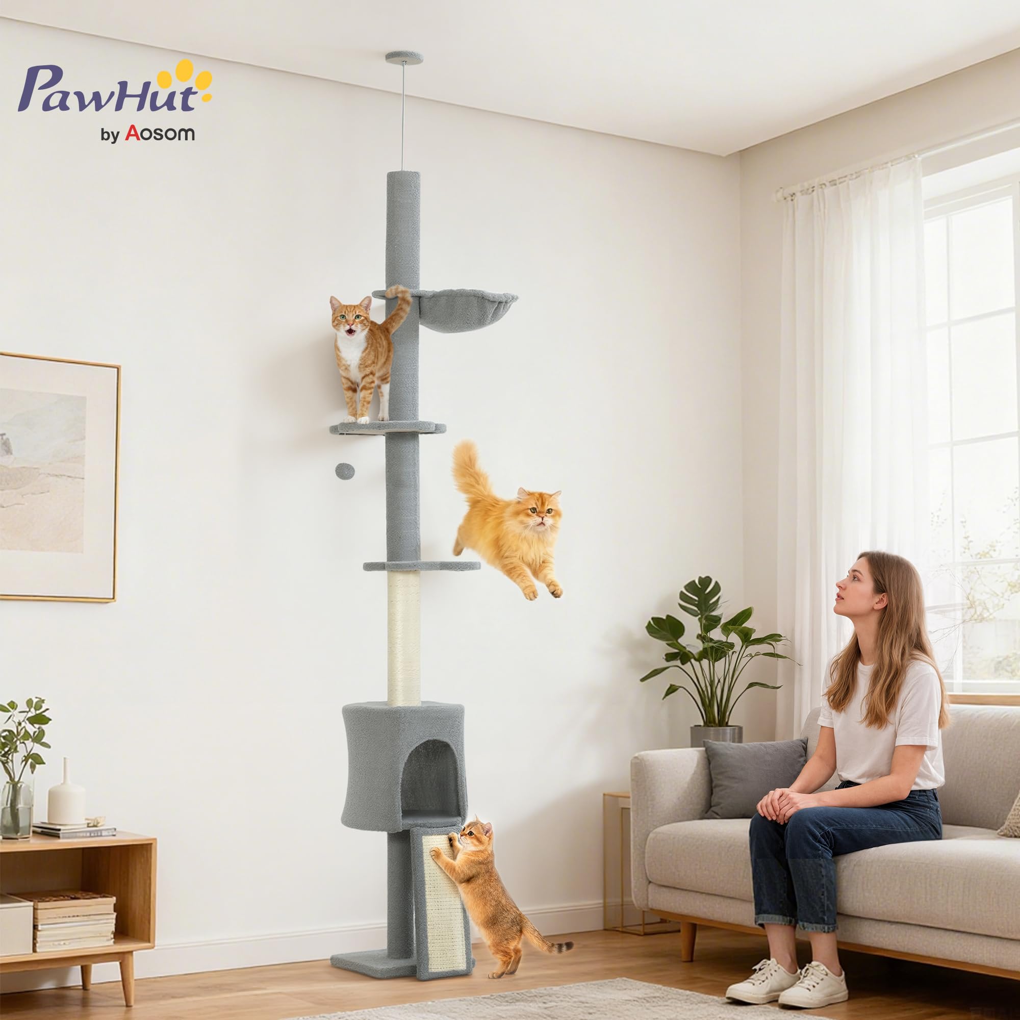 PawHut Árbol para Gatos de Suelo a Techo Regulable 220-240 cm Gris Claro | Torre para Gatos, Hamaca, Plataformas en Forma de Flor, Cuevas, Rampa, Bola