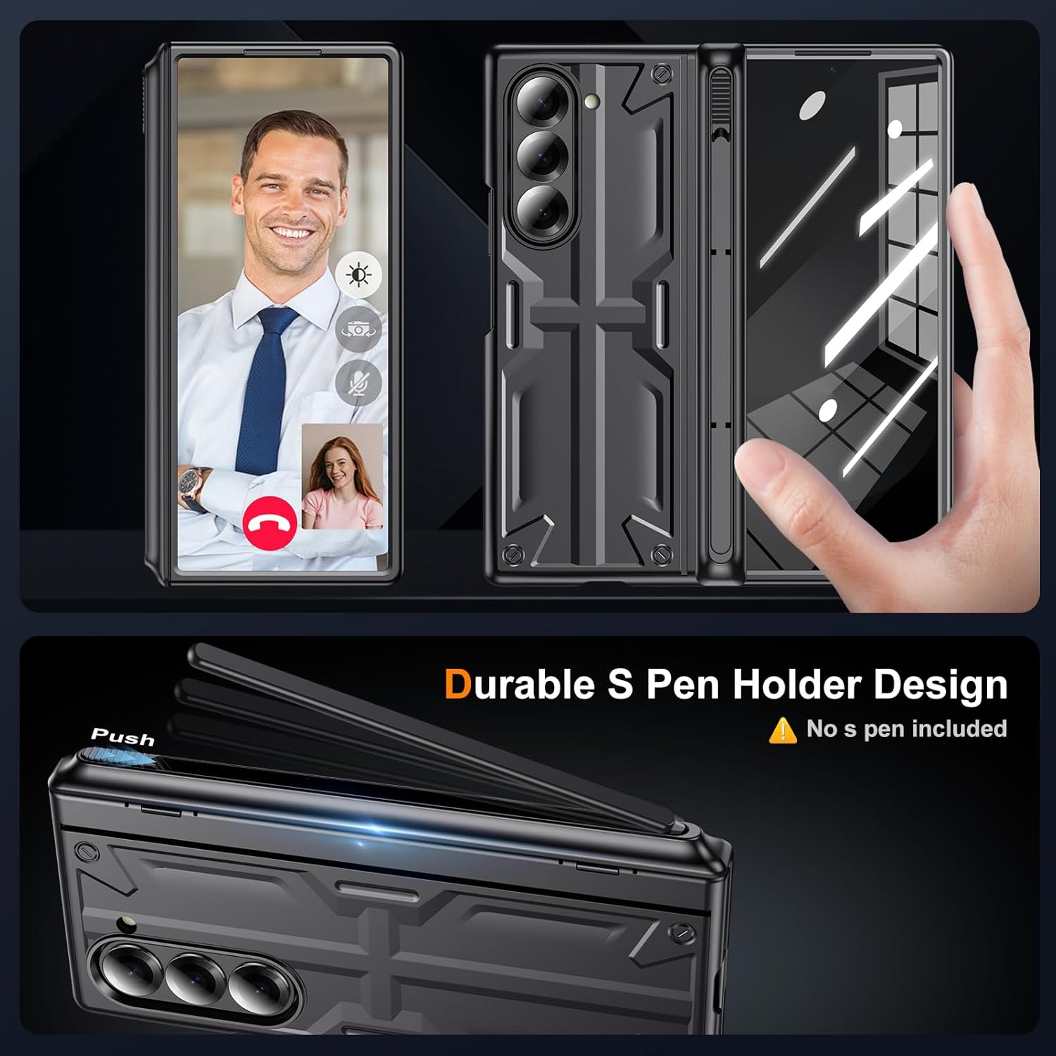 for Samsung Z-Fold-6 Pen Case: Slim Hinge Stand Case with Screen Protector - Support Wireless Charging - Soft Full Body Protective Phone Cover for Galaxy Z Fold6 Black