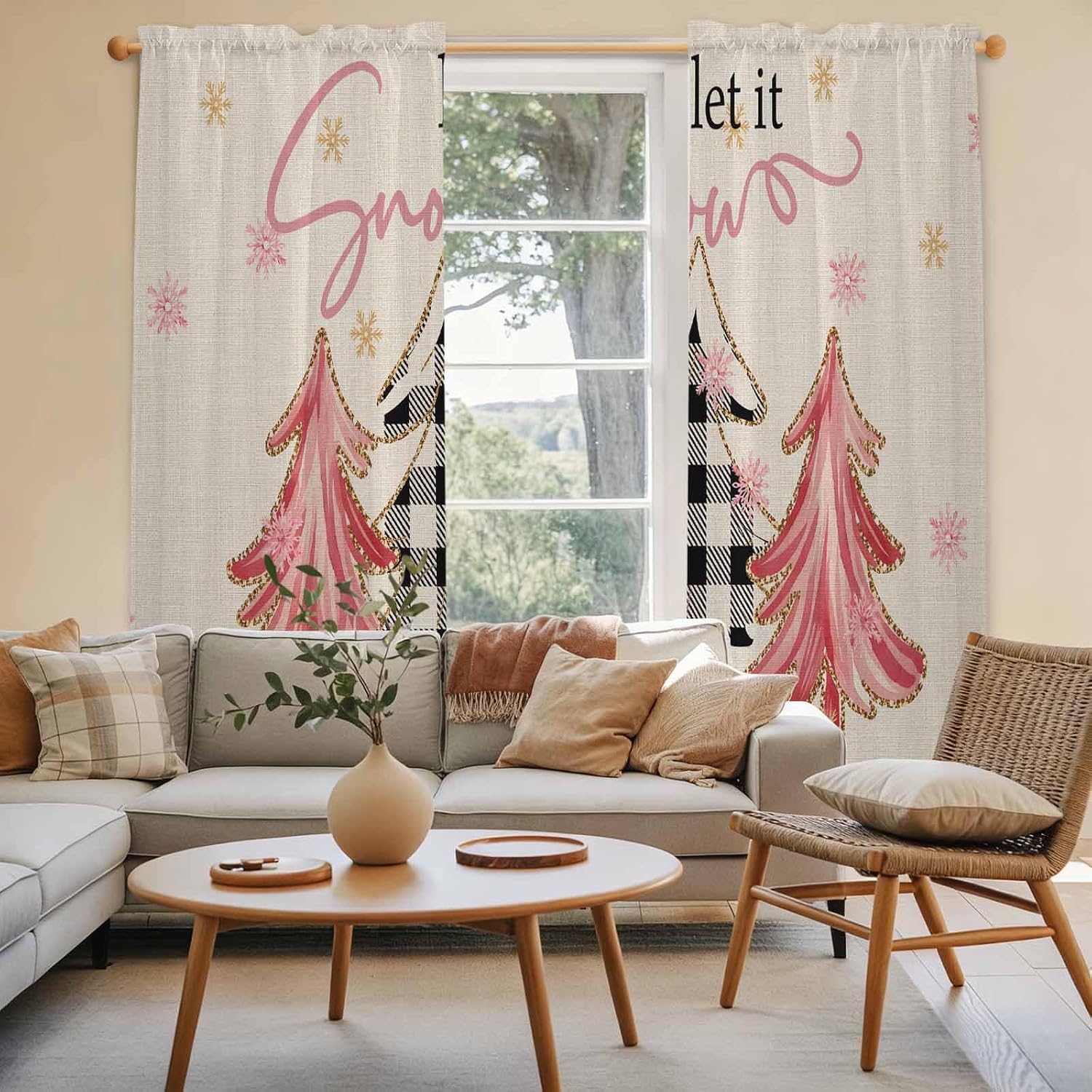 Christmas Tree Window Curtains 72 Inch Long 2 Panel Set,Rod Pocket Long Curtains & Drapes,Winter Xmas Yellow Pink Snowflake on Linen Window Treatment for Bedroom Living Room 52"W x 72"L