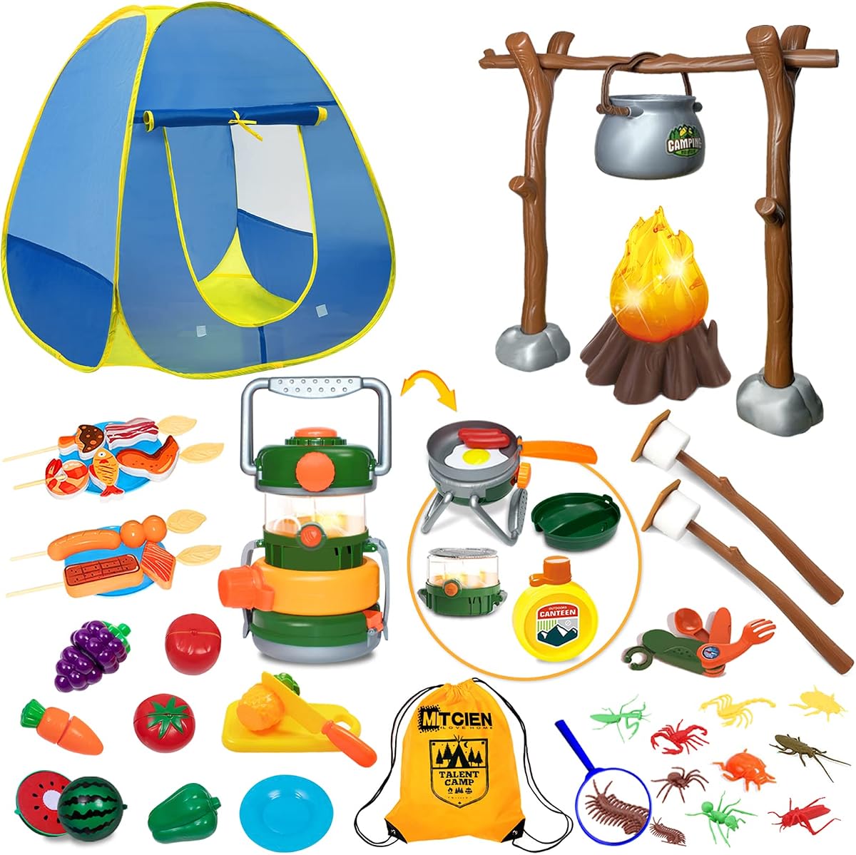 Tienda de campaña para niños con fogata, juego de camping para niños pequeños, linterna de aceite con sonido, frutas cortadas, malvaviscos, brochetas, juguetes para acampar para niños y niñas de 3, 4, 5, 6 años o más