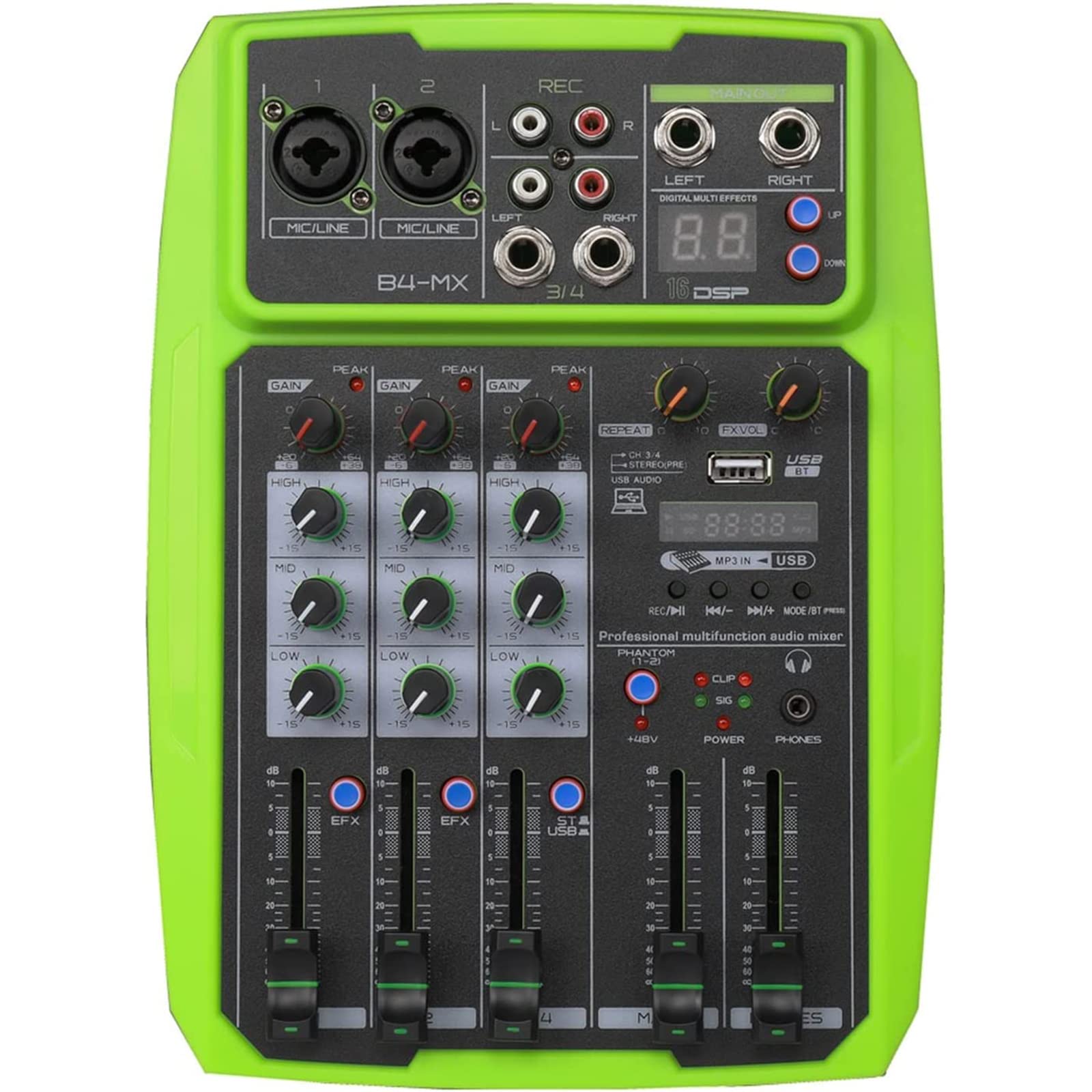 Mezclador de audio profesional, procesador con reverberación USB Bluetooth, fuente alimentación integrada 48 V, reproducción múltiples formatos