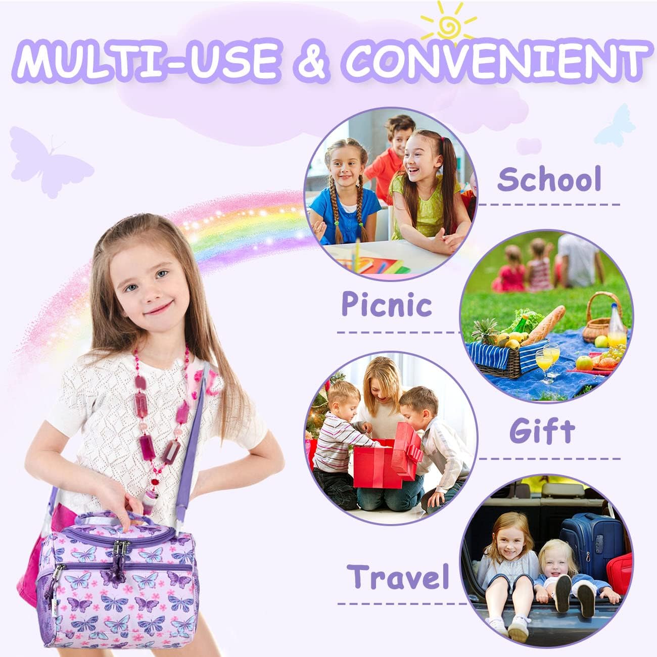 RAVUO Lunch Box for Girls, Insulated Cute Butterfly Lunch Box with Strap and Bottle Holder Cooler Lunchbox Back to School Thermal Meal Tote Kit for Toddler - Image 6