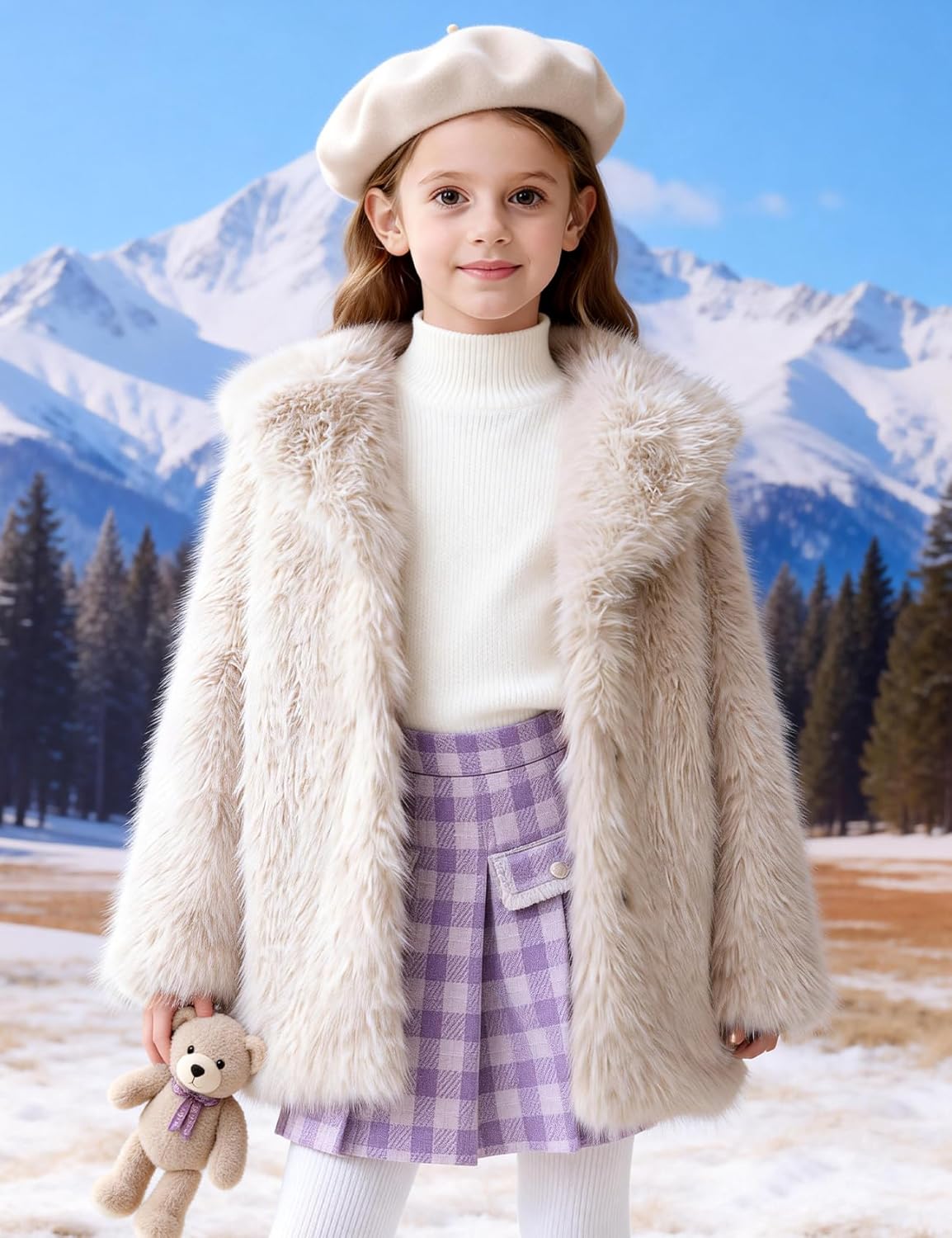 Flygo Girls Faux Fur Coat Fluffy Winter Fur Jacket Midi Lapel Long Sleeve Furry Shaggy Coats Outerwear 5-14 Years - Image 2