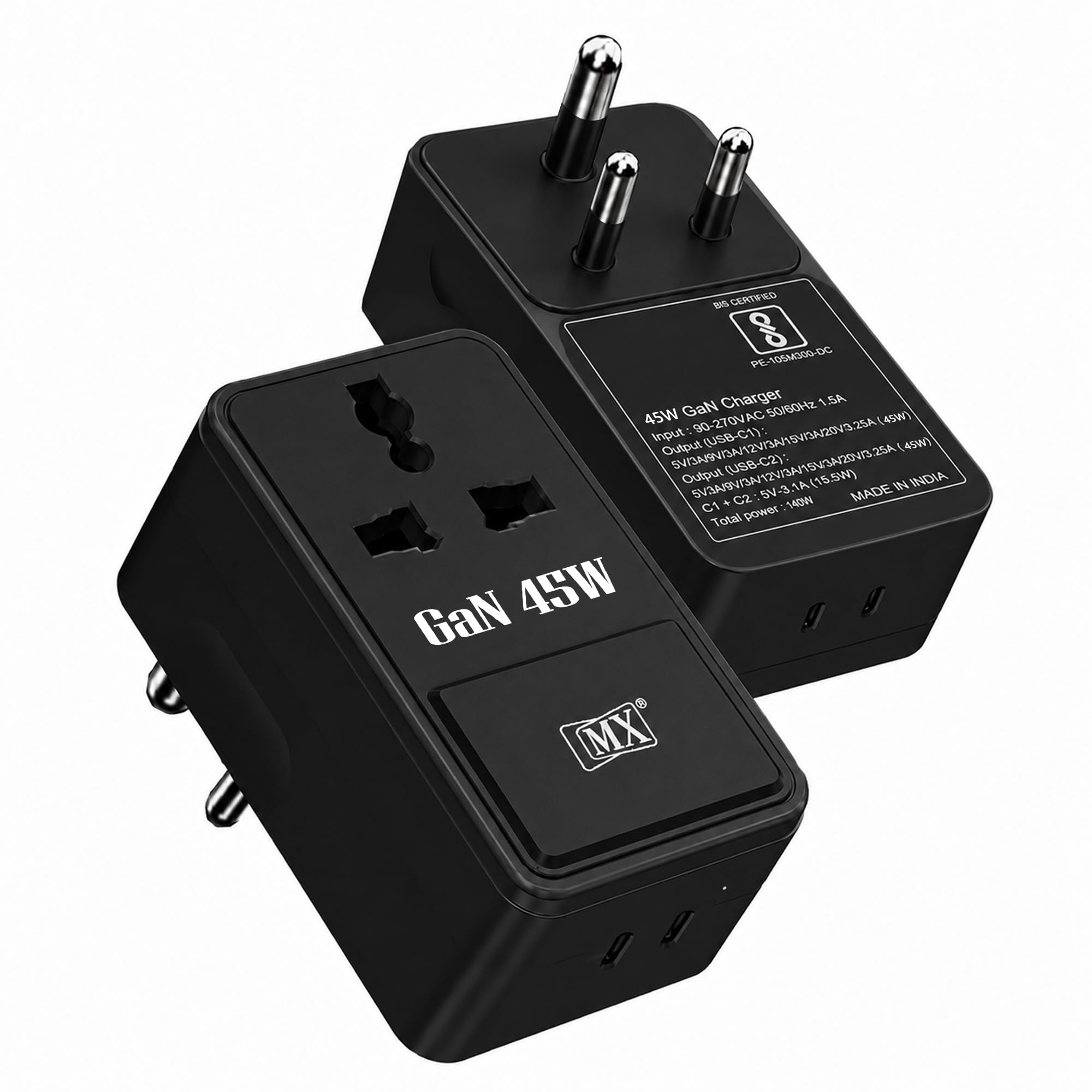 MX 45W 3-in-1 Universal Travel Adapter with Indian Plug, GaN USB-C PD Fast Charger, Dual USB-C Ports, 2500W Universal Socket for Mobile, Laptop, MacBook, iPhone, Samsung, Tablet, Home & Office-Black-image-32