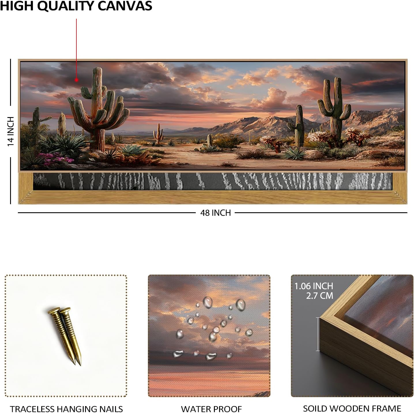 Southwest Cactus Wall Art Desert Wall Decor Floating Framed Mexican Picture Canvas Prints Mountain Painting Prints Poster Abstract Nature Succulent Artwork for Living Room Bedroom Decorations 14x48"