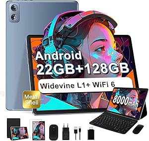 2025 Newest 10-Inch Android 14 Tablet, 22GB RAM+128GB ROM/TF 1TB, 8-Core 2.0GHz, 8000mAh, UFS 2.1 Flash, Metal Body, Dual WiFi, BT5.0, 8+5MP, Widevine L1, con Teclado y Ratón, Gris