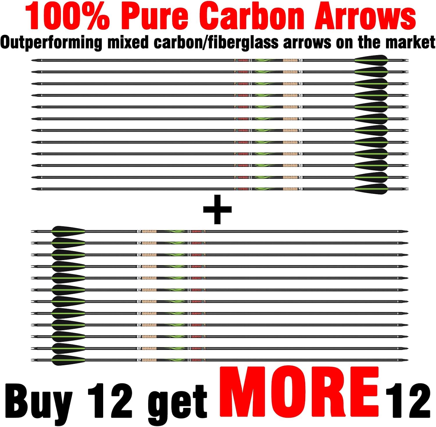 sanlida 100% Pure Carbon Hunting Arrows, Olympic-Grade 10 Spines Deflection (Unique), 0.001"/0.003"/0.006" Straightness, Buy 12 Get 12 Free/Buy 6 Get 6 Free, for Compound & Recurve Bows (12/24PCS)
