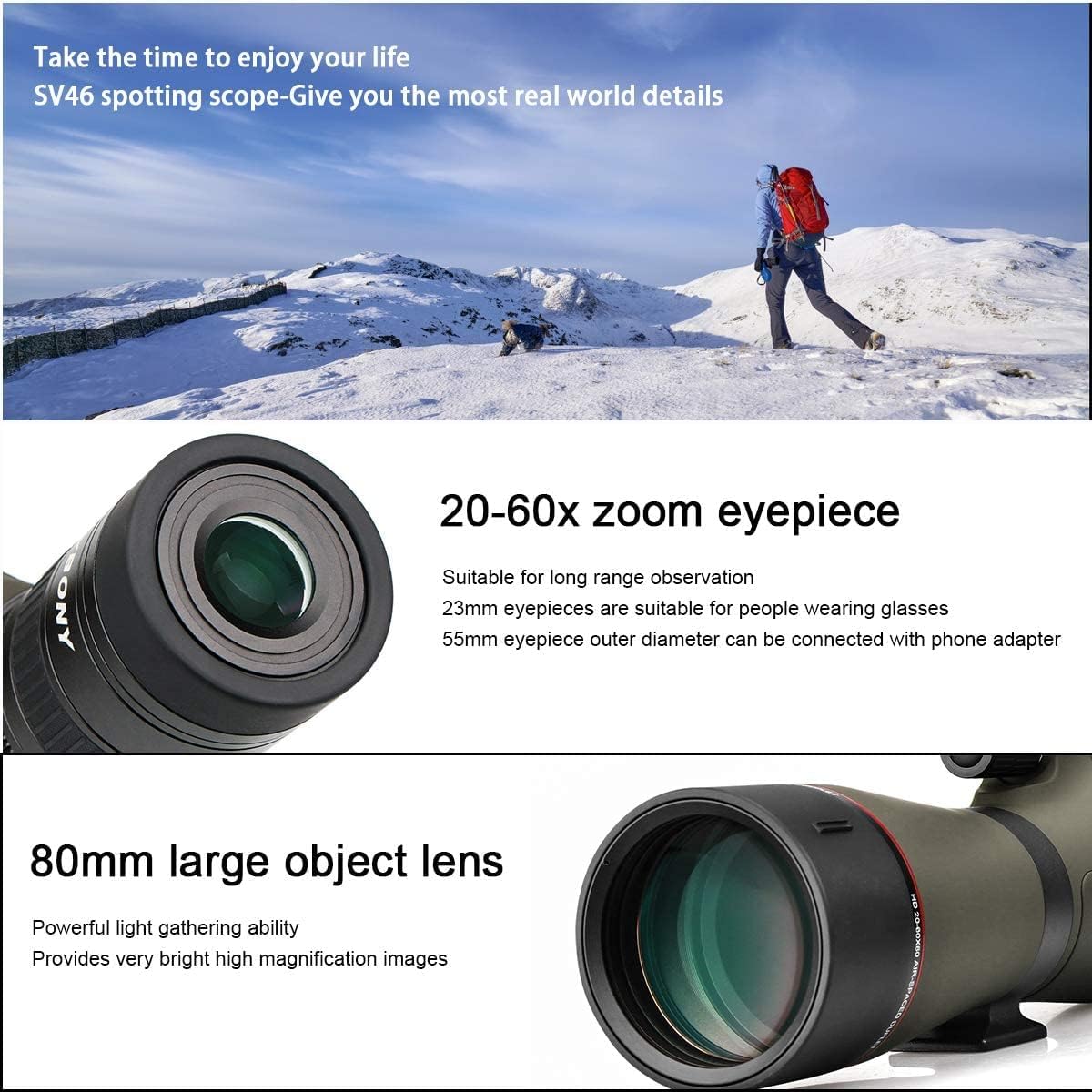 Cheap SVBONY SV46 Spotter Scopes 20-60x80 for Target Shooting, HD Dual Focus High Definition Long Range Spotting Scopes,BAK4 FMC IPX7 High Power Telescope, with Case for Hunting Birding Stargazing Discount 70% SVBONY SV46 Spotter Scopes 20-60x80 for Target Shooting, HD Dual Focus High Definition Long Range Spotting Scopes,BAK4 FMC IPX7 High Power Telescope, with Case for Hunting Birding Stargazing