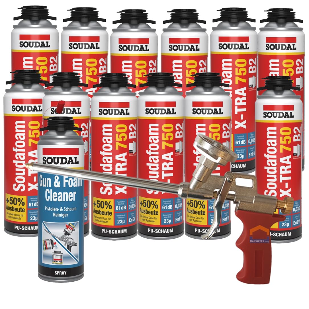 Soudal Kombi Set 12 x Soudafoam B2 X-TRA750 500ml Pistolenschaum Verfüllung Bauanschlussfugen inkl. Reiniger + Schaumpistole Compact- gebrauchsfertig, schall- und wärmedämmend