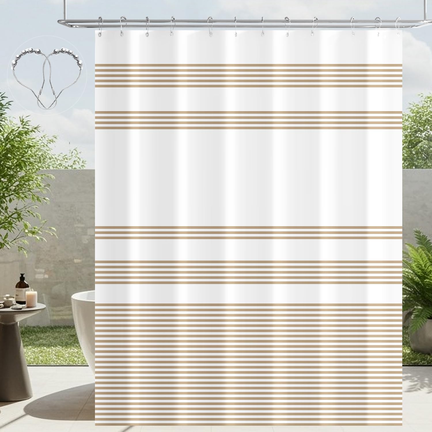 Lerores Cortina de ducha de 180 x 200 cm, diseño de rayas beis, dobladillo con peso, tela antimoho, impermeable, lavable, de poliéster, cortinas de baño con ojales y 12 anillos de cortina de ducha
