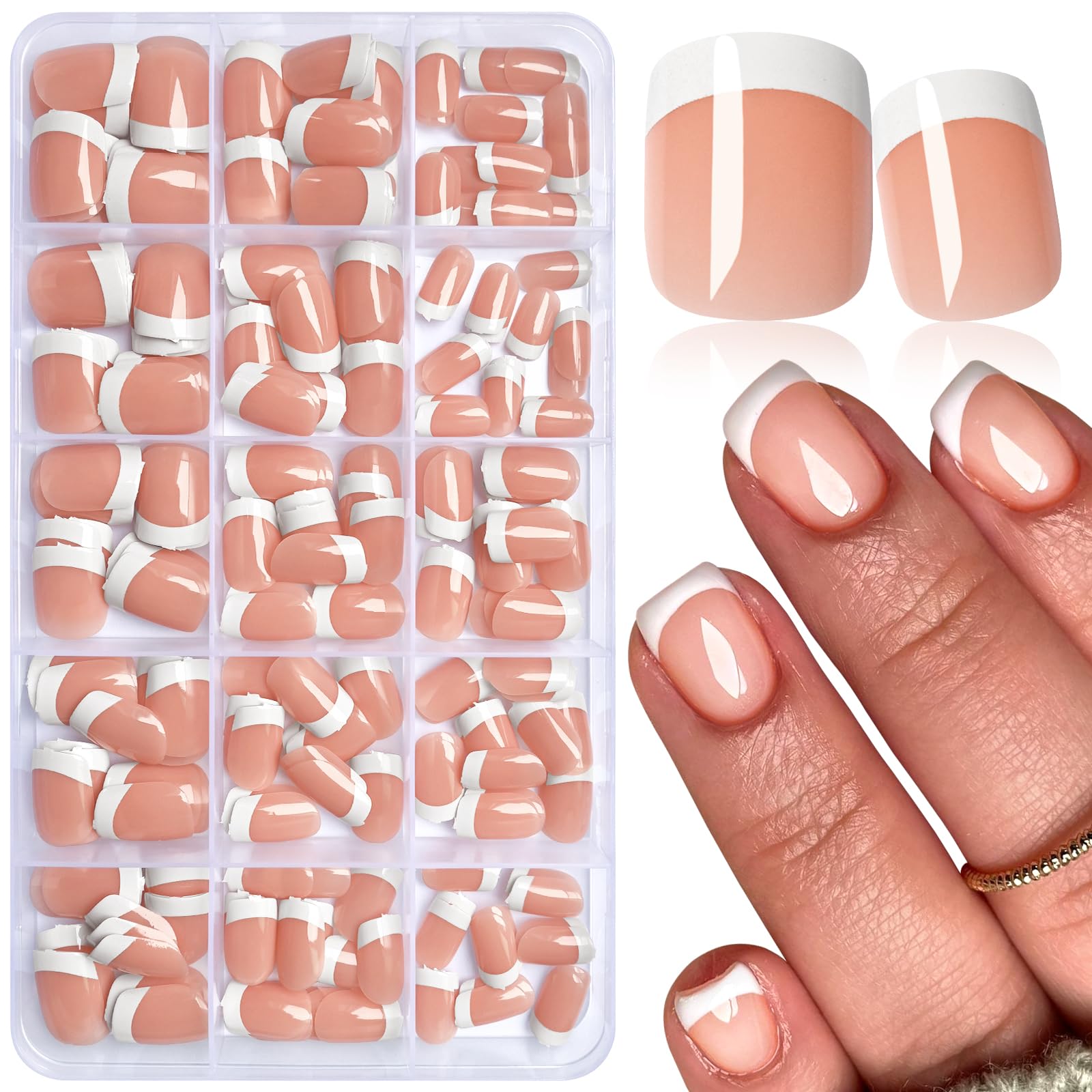 AddFavor White French Tip Press on Nails Short - 240pcs Tangerine Pink Extra Short Square Fake Nails, Square Nails Press on Acrylic Nail Extension