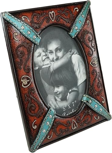 Miniatura 2 de Ebros Gift Marco de fotos rústico con diseño floral occidental con corazones de encaje y cinturón turquesa esculpido con caballete de cuero para