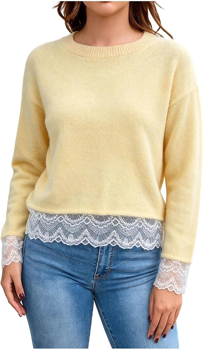 Women's Lace Trim Sweater Fuzzy Crew Neck Long Sleeve Knit Pullover