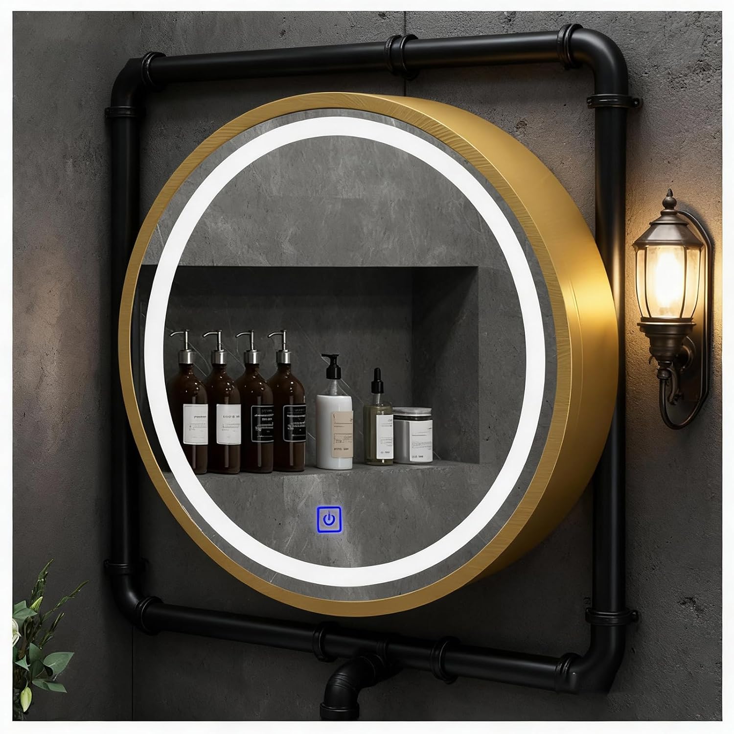 ZTGL Round Led Medicine Cabinet Mirror for Bathroom, 3 Color Lights Mirror with Storage, Bathroom Mirror Wall Cabinet with Shelf, Medicine Cabinet with Mirror Wall Mounted,Gold,Diameter 50cm