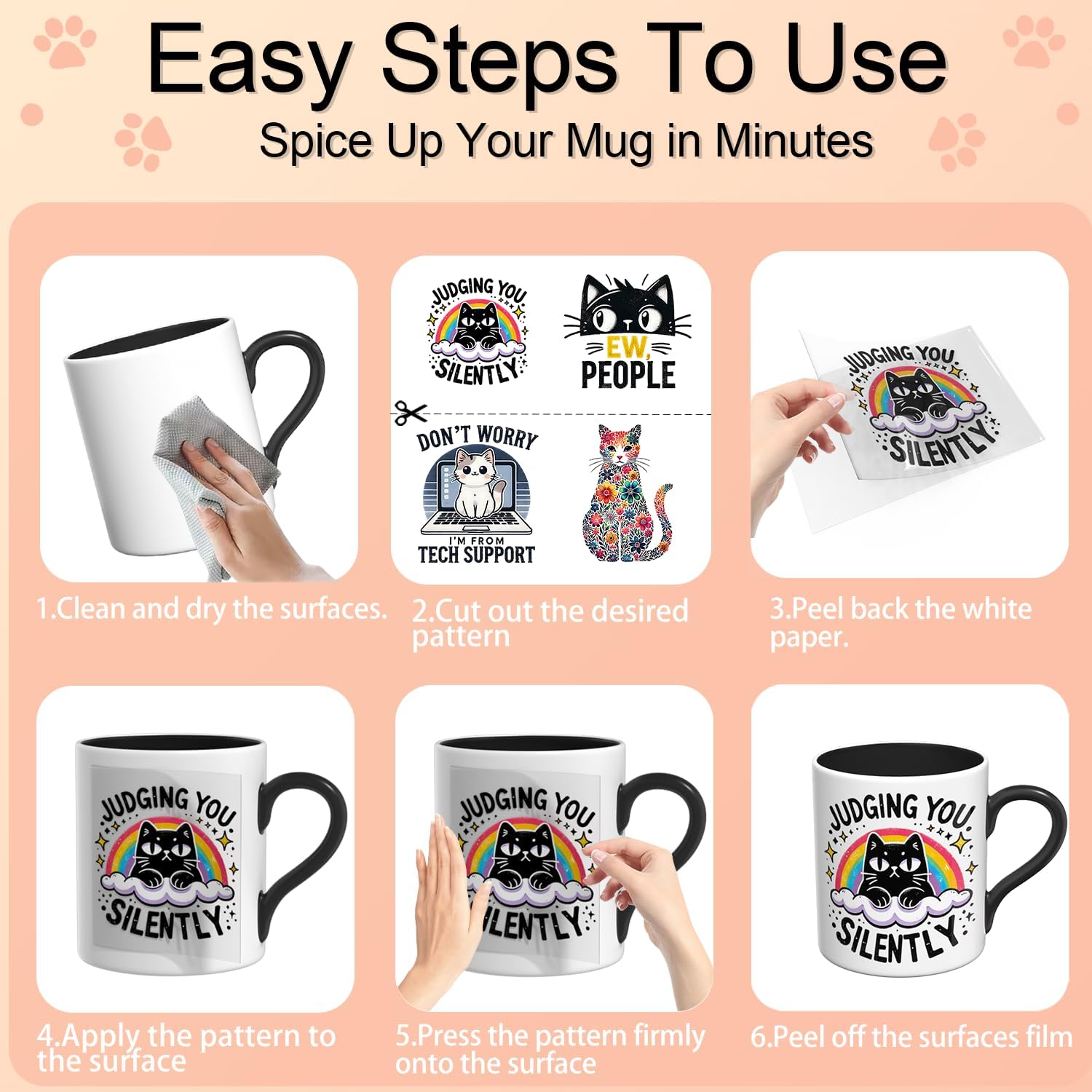12 PCS Funny cat Quotes UV DTF Transfer Decals for Coffee Mugs Water Bottles, Peel-and-Stick Film for Smooth Glass Metal Ceramic Notebook Surfaces Only