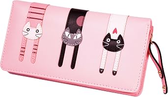 Mini Faux Leather Bifold Cute 3 Cat Zipper Clutch Wallet Handbag for Women Girls