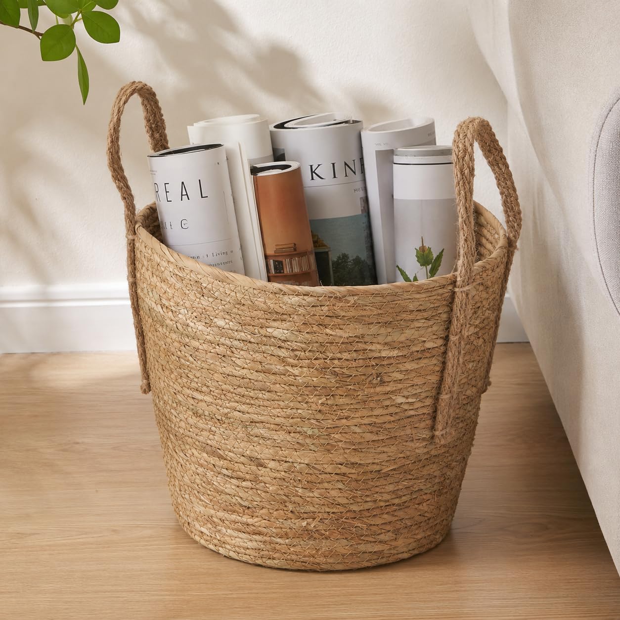 Eden & Willow Natural Straw Woven Storage Basket with Handles | Storage Organizer for Home Decor | Rustic Wicker Basket for Blankets, Plants, Toys, Laundry (Large)