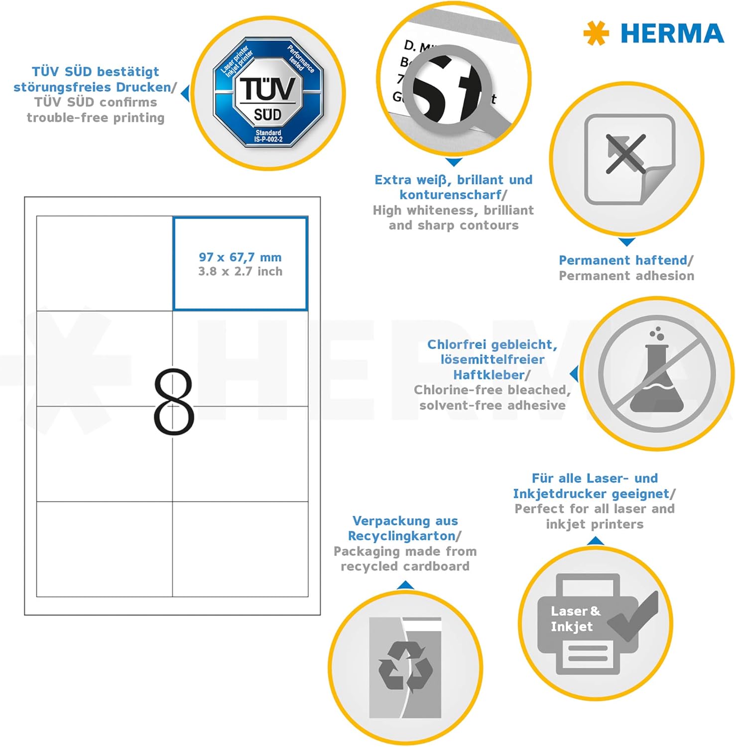 HERMA Self Adhesive Shipping Labels, 8 Labels per A4 Sheet, 25 Sheets, 97 x 67.7 mm, 200 Labels, Blank Parcel Labels Stickers, Sticky Labels for Laser & Inkjet Printer, White