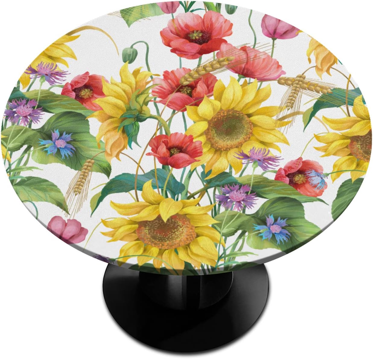 Flower Floral Round Fitted Tablecloth, Sunflower Poppy Barley Round Table Cloth with Elastic Edged, Waterproof Wipeable Table Cover Fits Tables up to 45”-56” Diameter