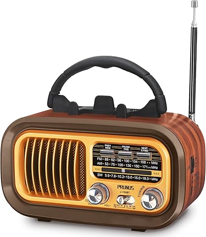 PRUNUS J-150 Radio Vintage Retro FM/Am/SW, Radio Portatil Pequeña Recargable de 1200mAh, o Funciona con 2 Pilas D, Transistores Radios con Bluetooth, Reproductor USB/TF de 5W.