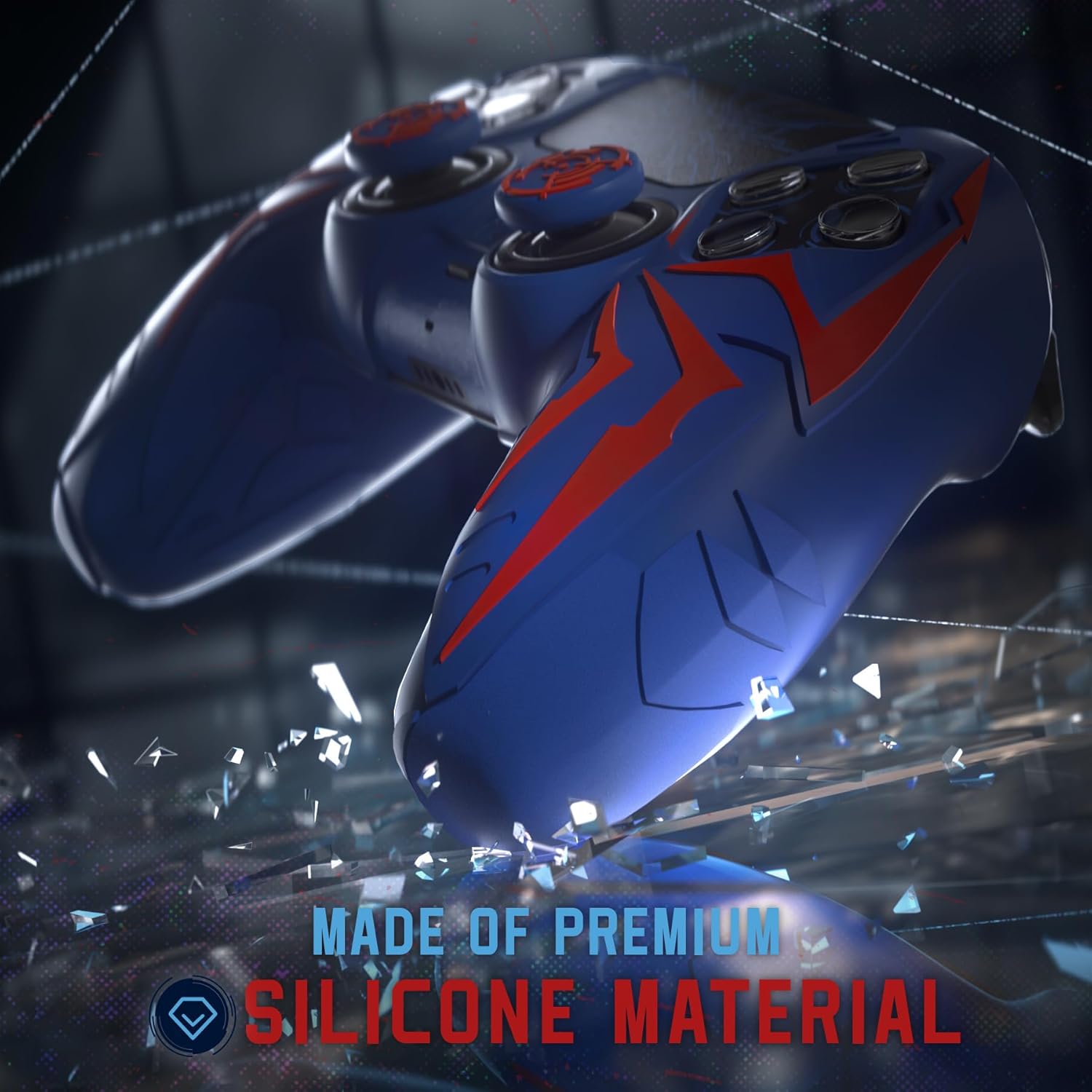 PlayVital Design for ps5 Controller Silicone Case with 2 Thumb Grips and 6 Sticker, Cyber Spider Design, Slip-Resistant Shockproof Controller Cover Skin, Fits for Charging Dock, Red & Blue - Image 3