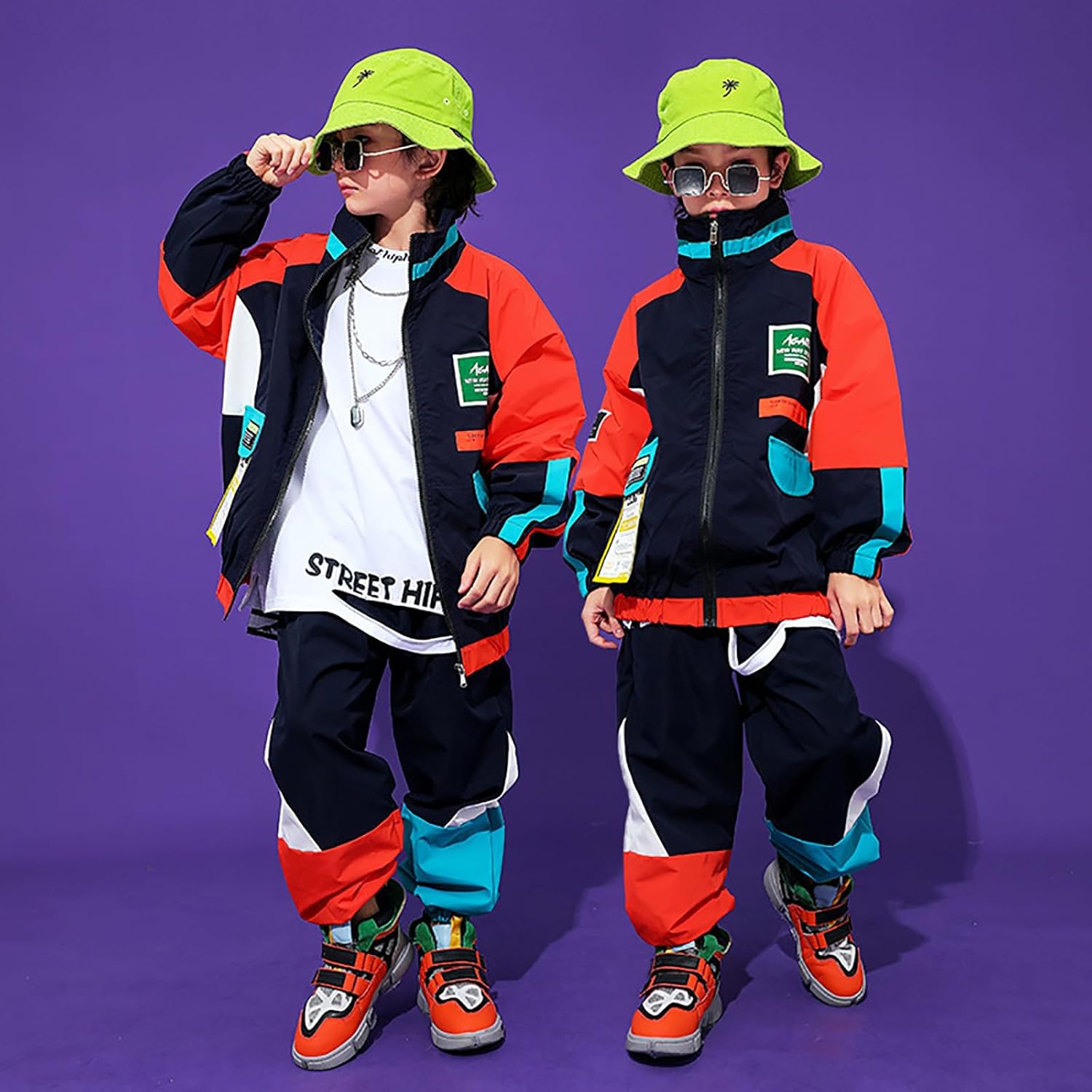 LOLANTA Unisex Kids 80s Tracksuit Hip Hop Dance Outfit Boys Girls Oversized Color Block Jacket Pants 2 Piece Clothing Set