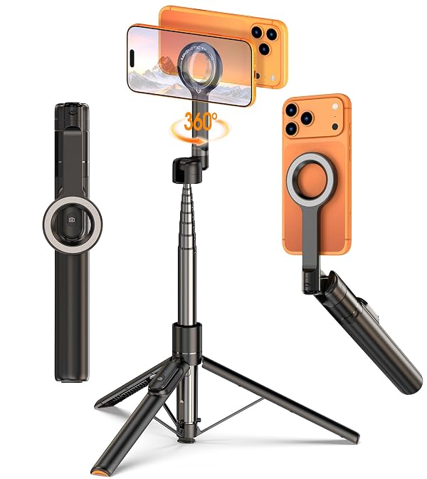 for Mag Safe Tripod for iPhone, 360° Rotating Head for Front & Rear Shooting, 65” Selfie Stick for iPhone Android with Remote & Metal Ring, Magnetic Phone Tripod Stand for Video Recording Travel by Yoozon - Used condition - US$35.79