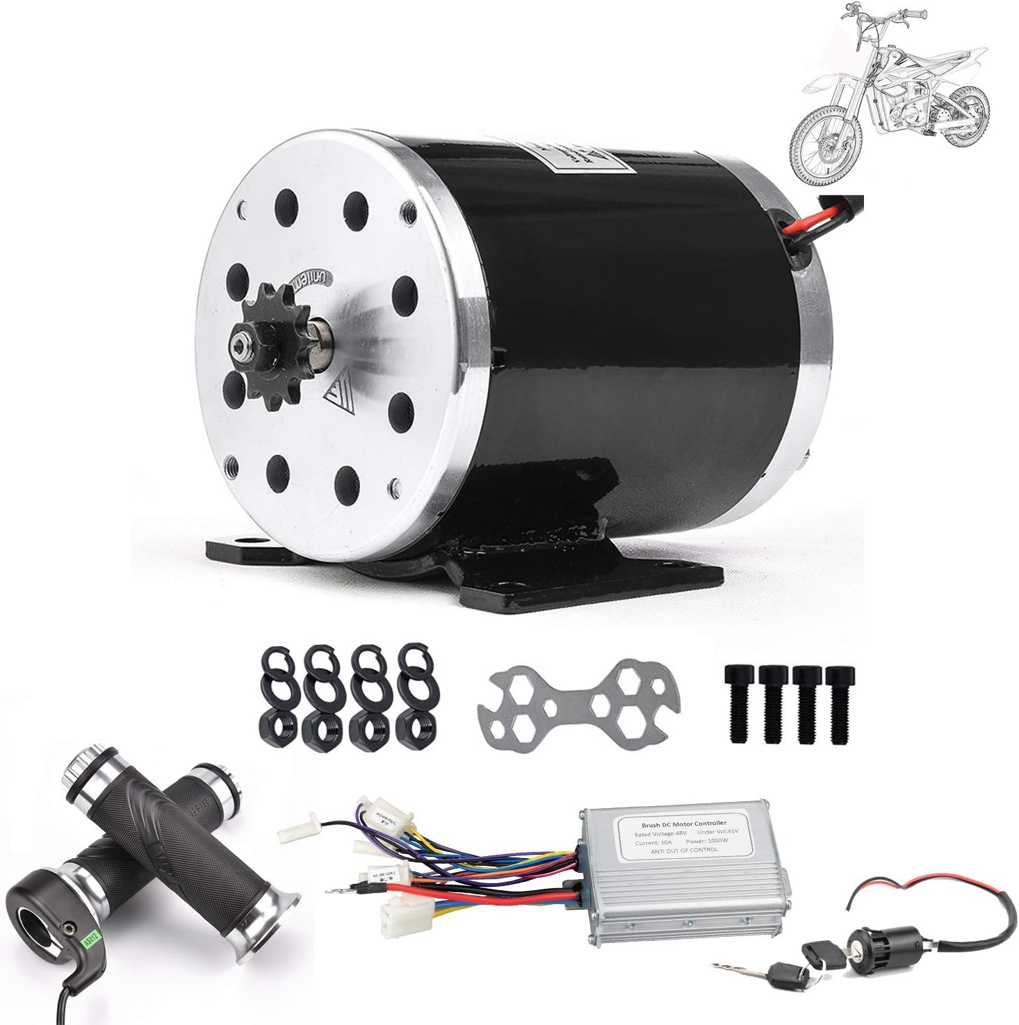 Kunray 48V 1000W Brushed DC Motor High Speed Electric Motor & DC Brush Controller & Gas Accelerator Throttle & Ignition Lock for Dirt Bike e-Bike ATV Go Kart Moped Mini Bikes Motorized Bicycle