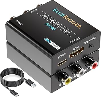 BlueRigger RCA to HDMI Converter 1080p, Unidirectional A/V Composite to HDMI Adapter, CVBS Audio Video Converter, PAL/NTSC AV to HDMI - Compatible with PS2, PS3, Xbox, DVD Player, VCR, VHS, Blu-Ray