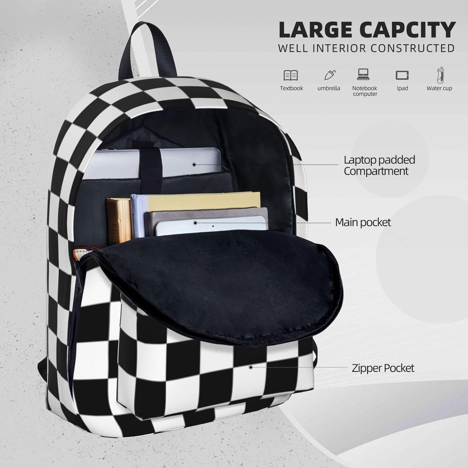 Laptop Backpack Cool Women Backpack Compatible with Race Checkerboard Checkered Black And White - Outdoor Sports Rucksack Tear Resistant Backpack Multifunction for Picnic Hiking Travel