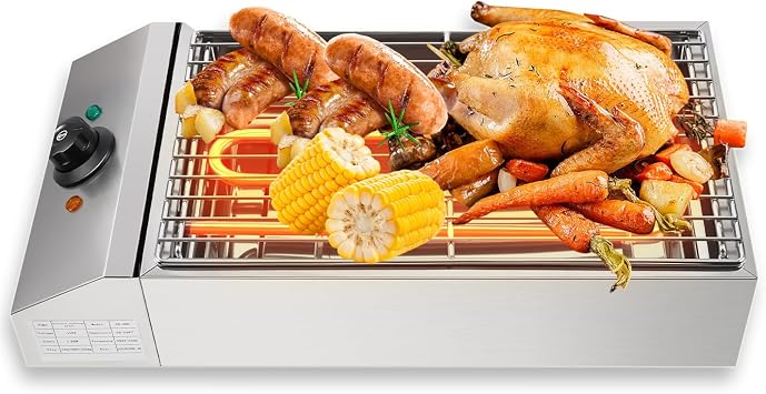 Electric Indoor Grill, Nonstick Cooking Surface 1800W Large Electric Griddle BBQ Grill Adjustable Temperature Knob for Home and Commercial, Silver