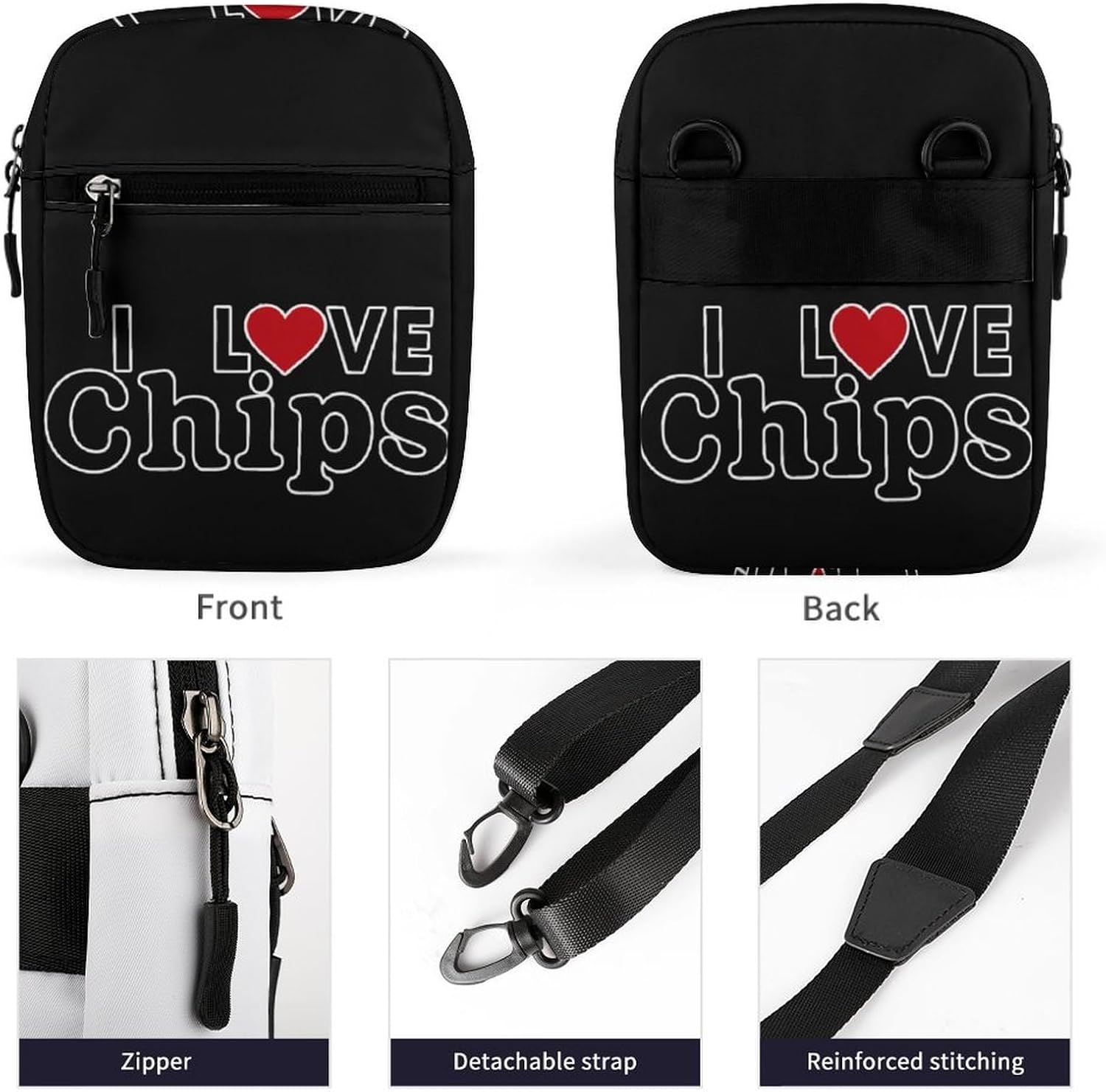 I Love Chips Small Crossbody Bag Sling Shoulder Satchel | for women men,work travel workout,detachable and adjustable shoulder strap
