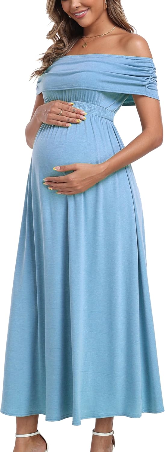 Off The Shoulder Maxi Maternity Dress for Photoshoot Baby Shower Sleeveless Casual Long Dresses - Image 4