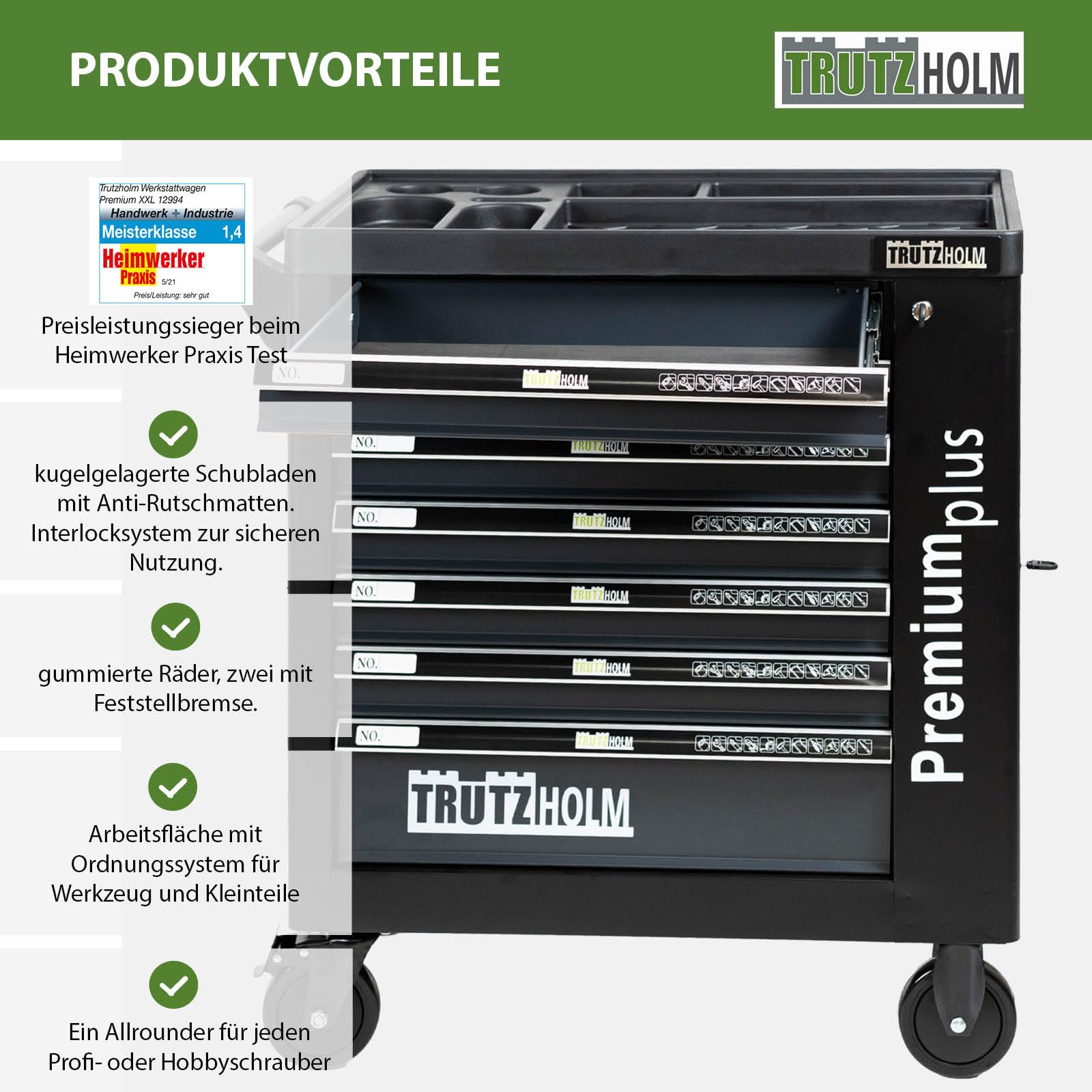 TRUTZHOLM Werkstattwagen Premium Plus unbestückt, Werkzeugwagen leer mit 7 Softclose-Schubladen, Seitentür, Zentralverriegelung, Interlock-System, abschließbar, Mobile Werkzeugaufbewahrung Anthrazit