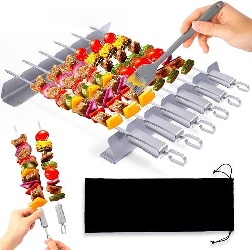 BBQ Skewers Stainless Steel Set 6Pcs Barbecue Skewer with Kabob Rack