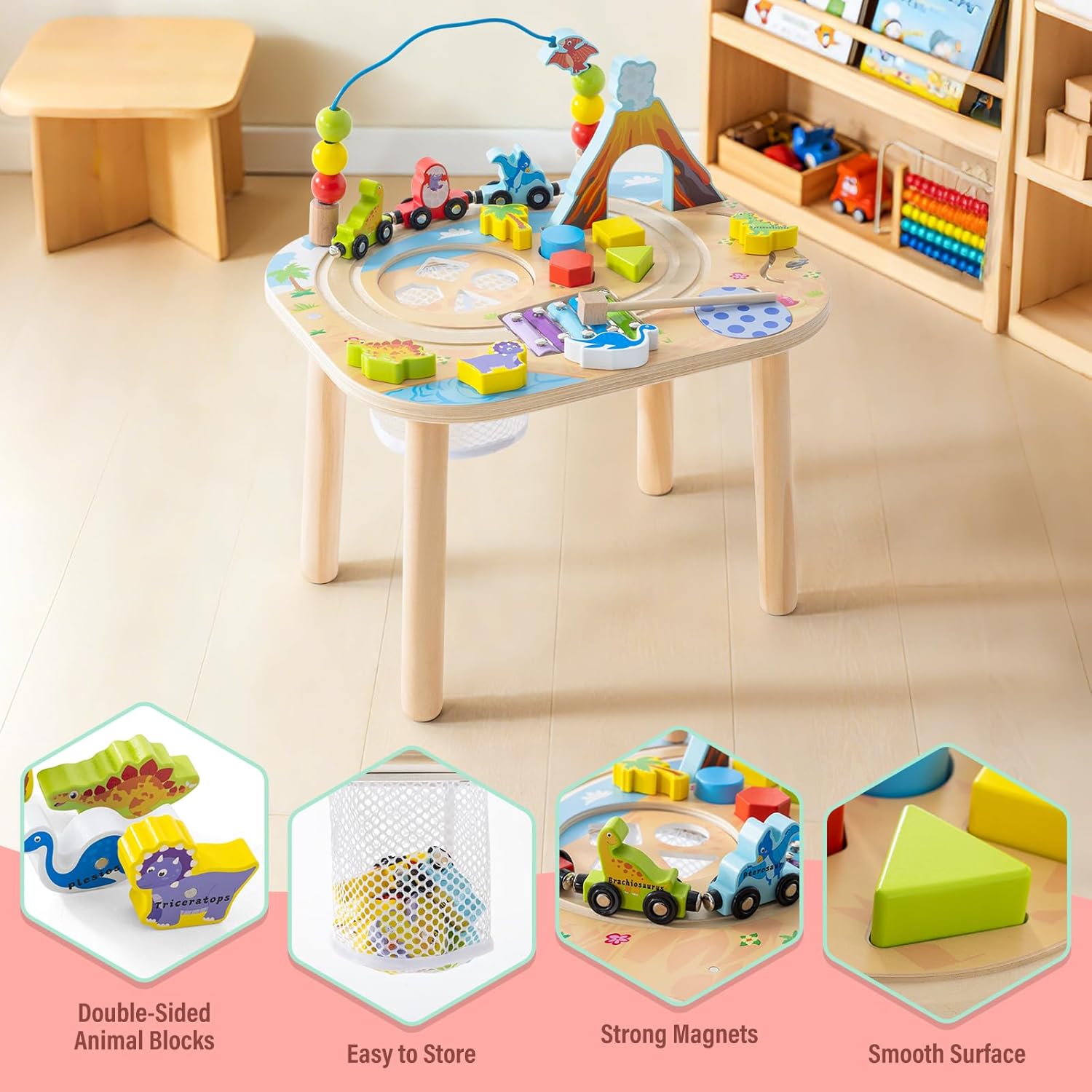 Wooden Activity Table for Toddlers 1-3 Year, 9-in-1 Montessori Activity Table with Adjustable Height, Train, Sorter, Xylophone, Baby Sensory Educational Learning Toys, Birthday Gift (Dinosaur)