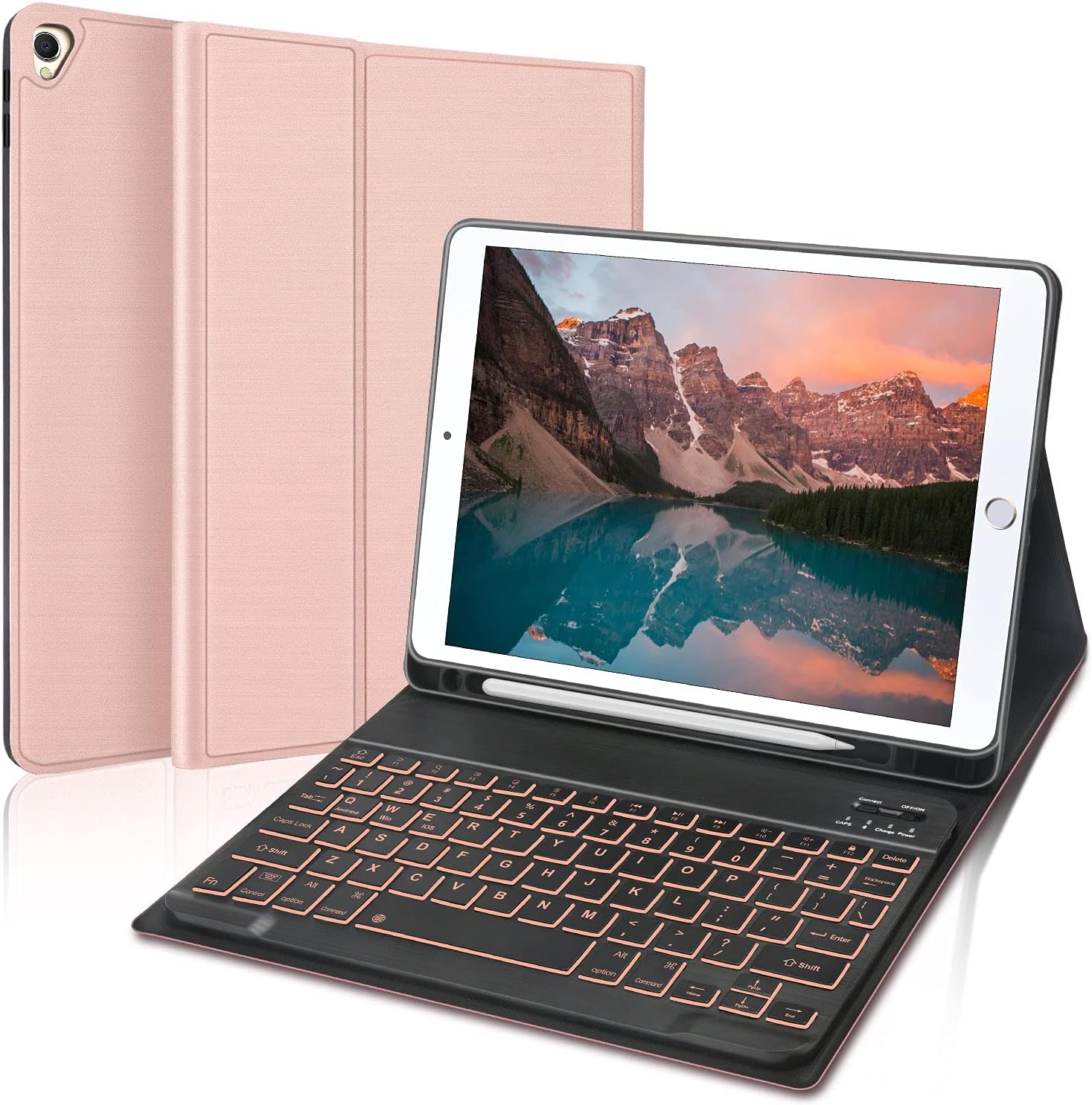 iPad 8th Generation Case with Keyboard, 7 Color Backlit Detachable Keyboard, Slim Folio Case Built-in Pencil Holder for iPad 7/8th 10.2 Inch & iPad Air 3rd 10.5 Inch & iPad Pro 10.5 inch, Rose Gold