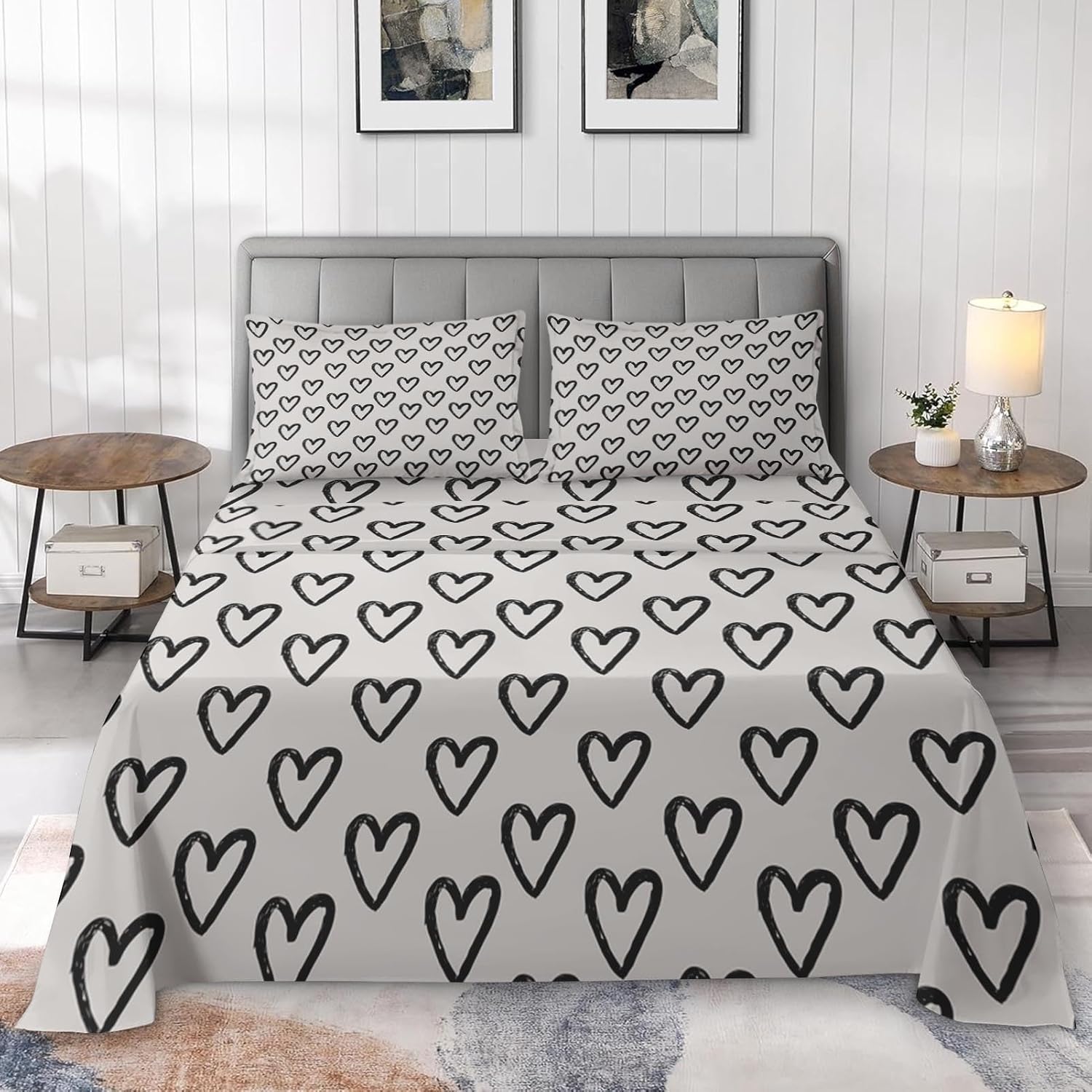 Pamnest Queen Size Bed Sheet Sets, Cute Heart Love Girls Soft Microfiber 4 Pcs Bedding Sets for Kids and Adults Bedroom Bed Decor, White Black Abstract Flat, Fitted Sheet and 2 Pillowcases