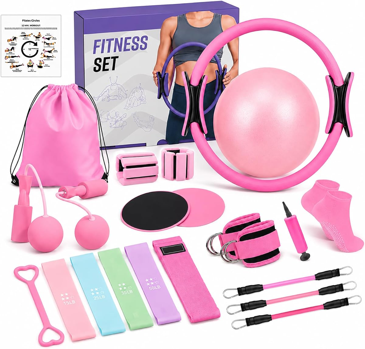 21-in-1 Pilates Equipment Set for Women, 15" Pilates Ring with Yoga Ball, Resistance Bands, Adjustable Ankle Weights, Exercise Sliders, Ropeless Jump Rope, Home Workout Equipment Kit