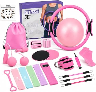21-in-1 Pilates Equipment Set for Women, 15" Pilates Ring with Yoga Ball, Resistance Bands, Adjustable Ankle Weights, Exercise Sliders, Ropeless Jump Rope, Home Workout Equipment Kit