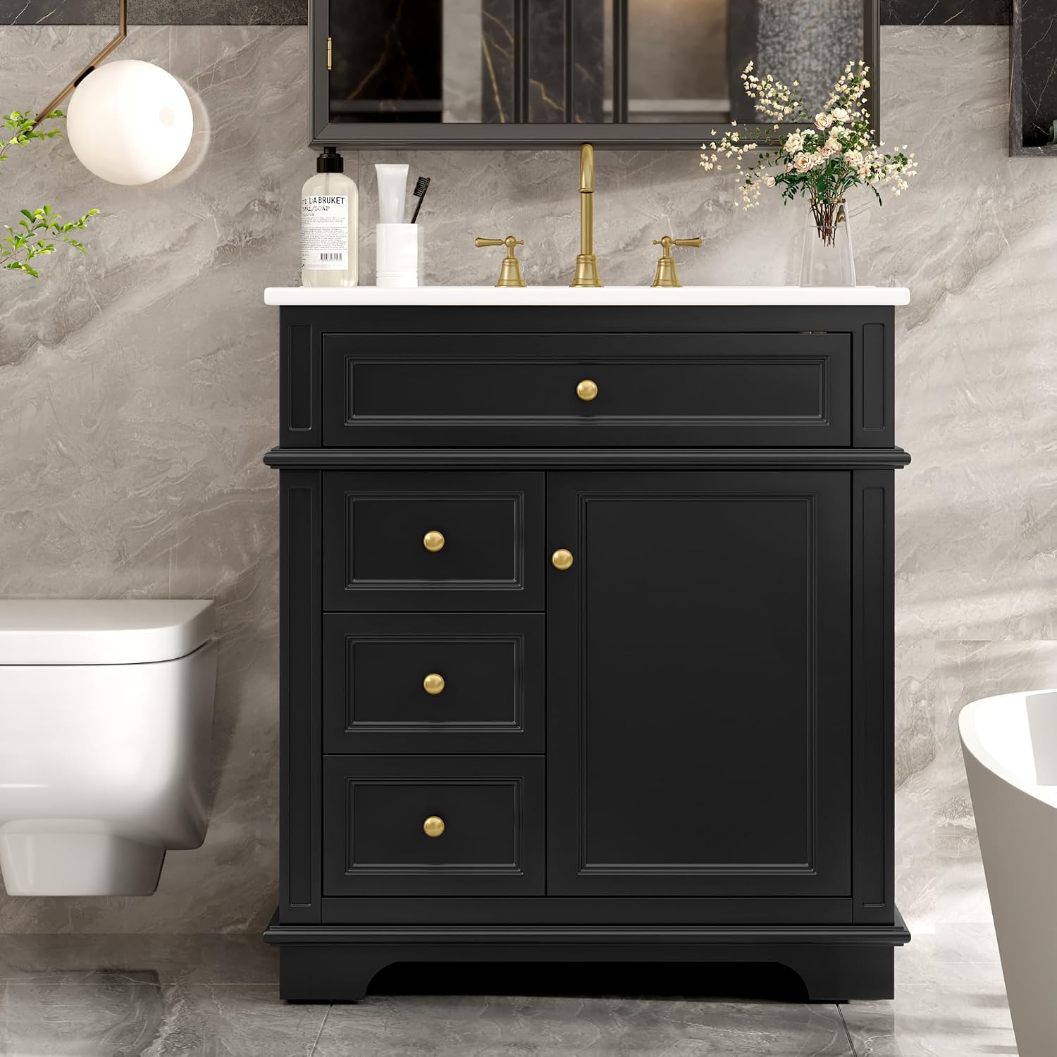 Christopher Knight Home Silane 30" Bathroom Vanity with Ceramic Sink, Freestanding Wooden Bathroom Vanity Organizer, Soft Closing Door Bathroom Storage Cabinet with Drawer, Black