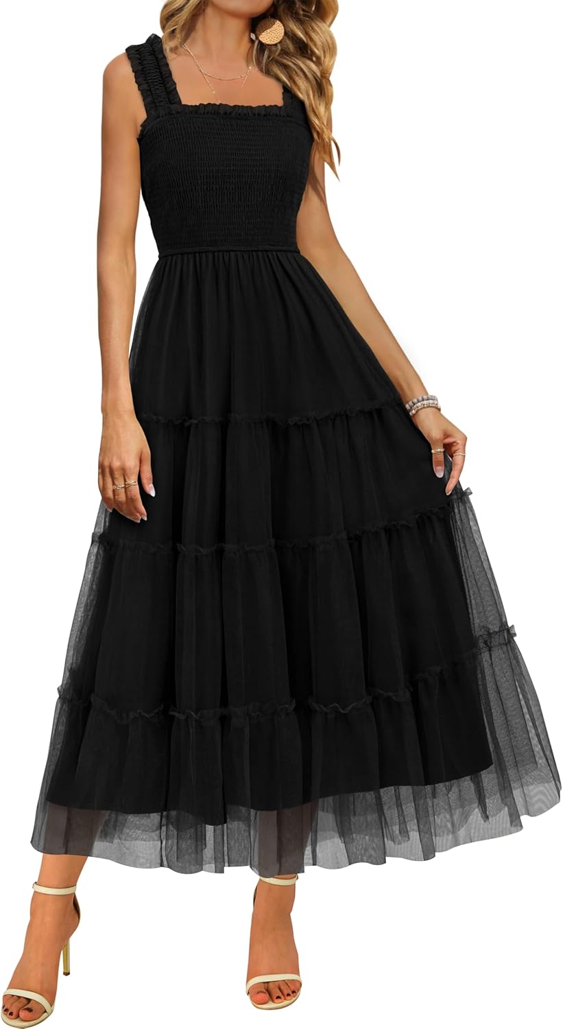 BTFBM Women's 2025 Summer Midi Dress Casual Sleeveless Square Neck Smocked Ruffle Tulle Party Wedding Guest Dresses