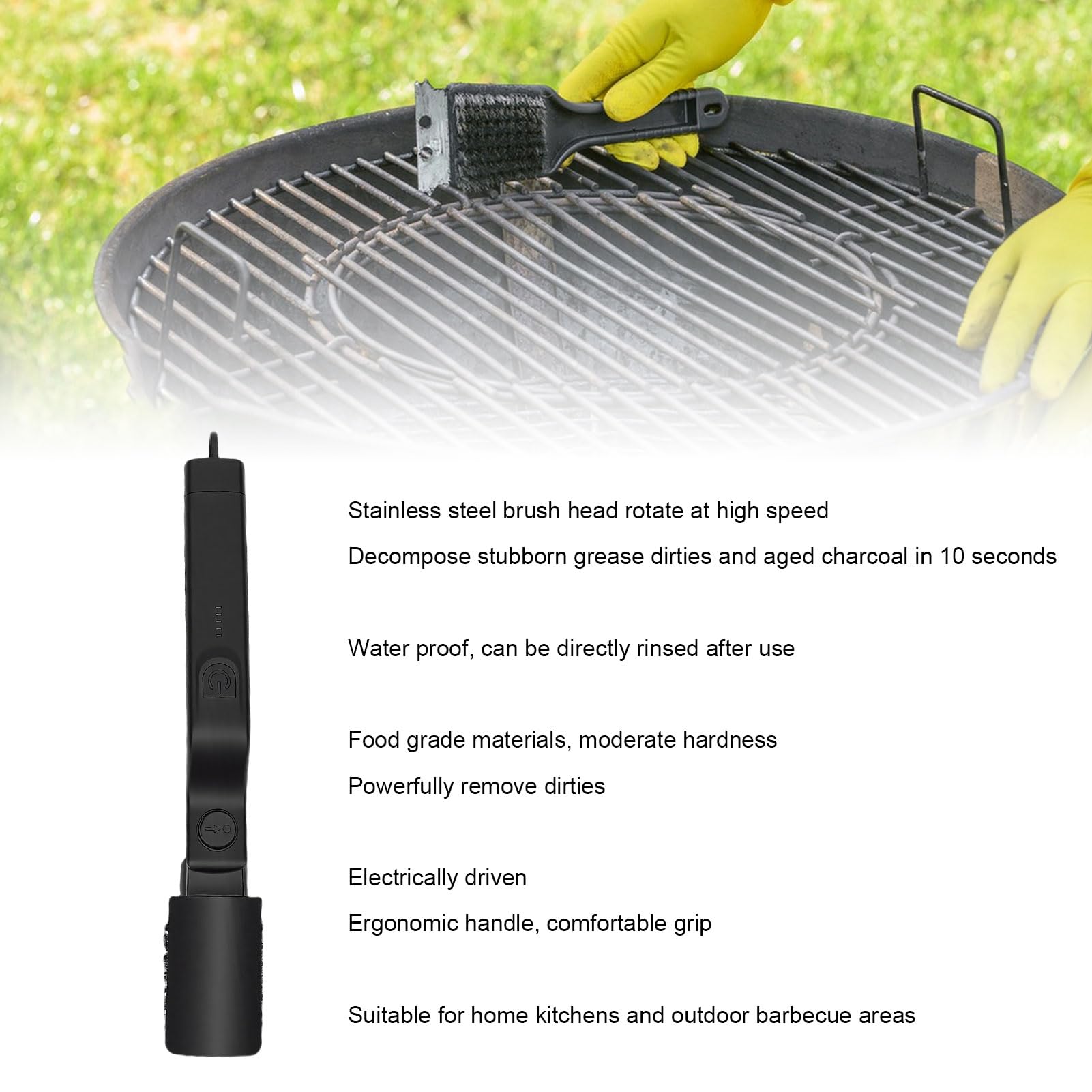 Fockety Cepillo Eléctrico Giratorio para Parrilla, Cepillo de Limpieza Inalámbrico Recargable de Acero Inoxidable con Cabezal de Repuesto, ángulo Ajustable, sin Caída de Cerdas