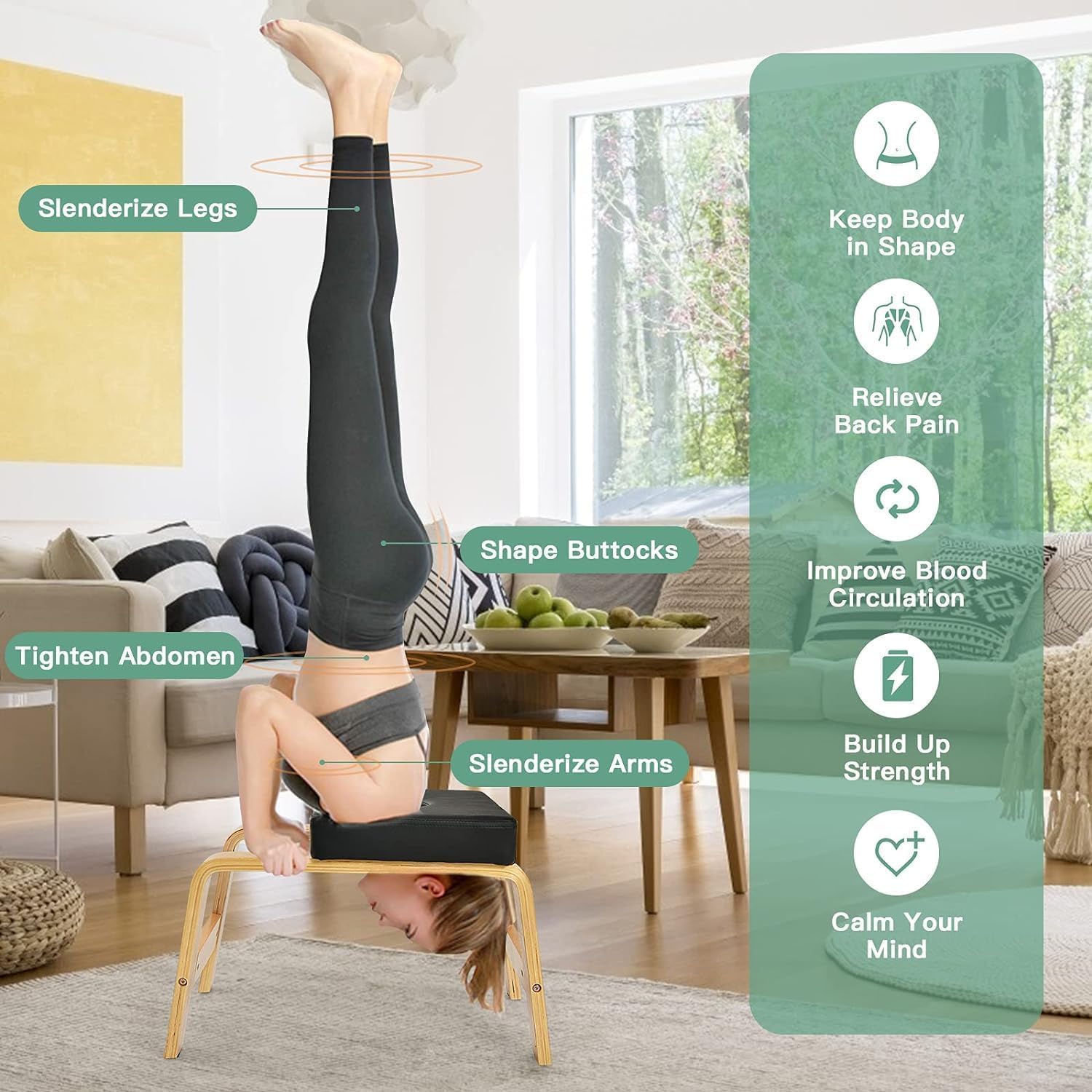 Tabouret de yoga sur tête, chaise d'équilibre, poster d'exercice, inversion avec cadre bois massif, coussins polyuréthane amovibles - Équipement