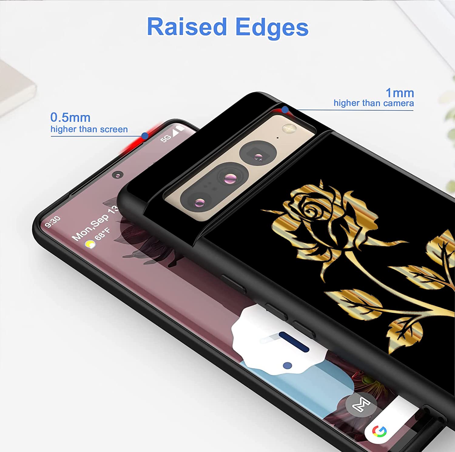 Handyhülle Für Google Pixel 8 5G – Schwarzes Silikon Mit Blumen-Muster, TPU, Stoßfest, Ultradünn, Mit Erhöhten Kanten Zum Schutz (Rose)