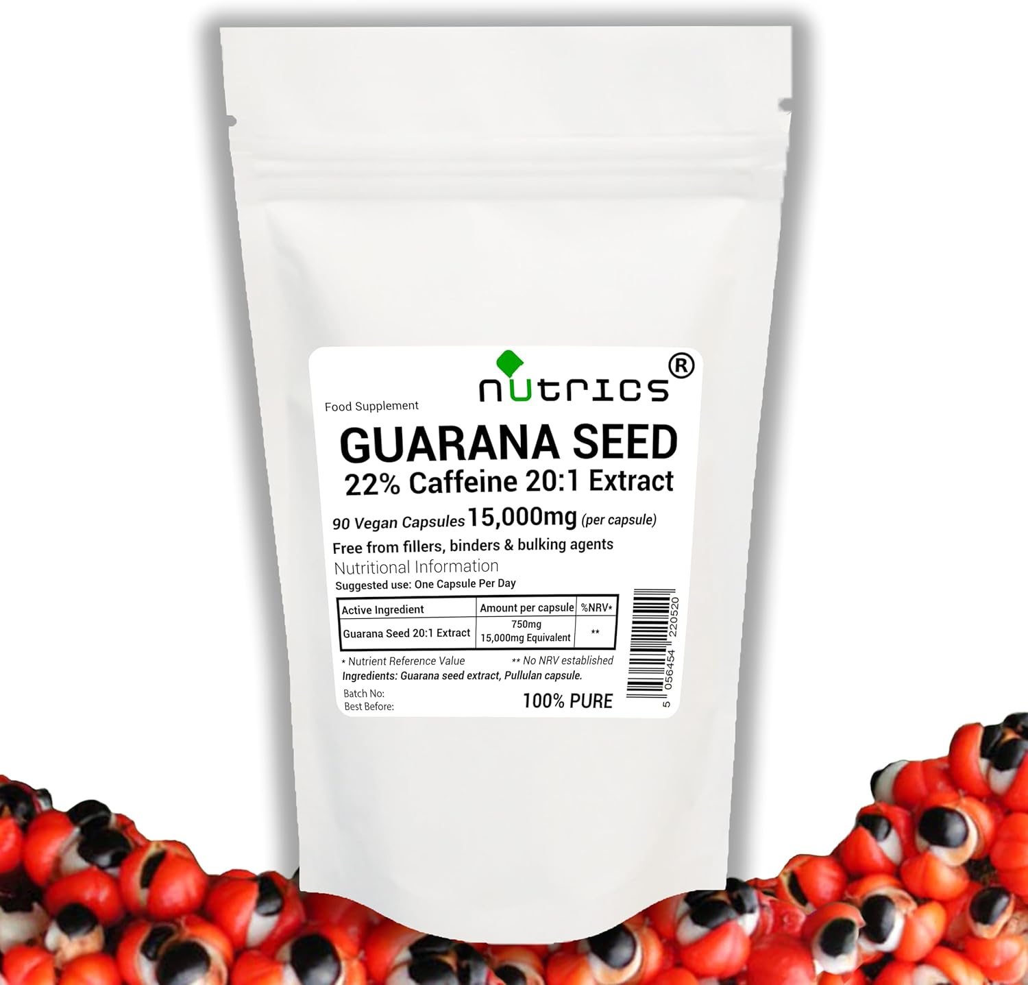 15,000mg (per Capsule) Guarana Seed Extract Powder 22% Caffeine – 90 Vegan Capsules – 20 Times Stronger Than Powder – Energy Boost Natural Supplement