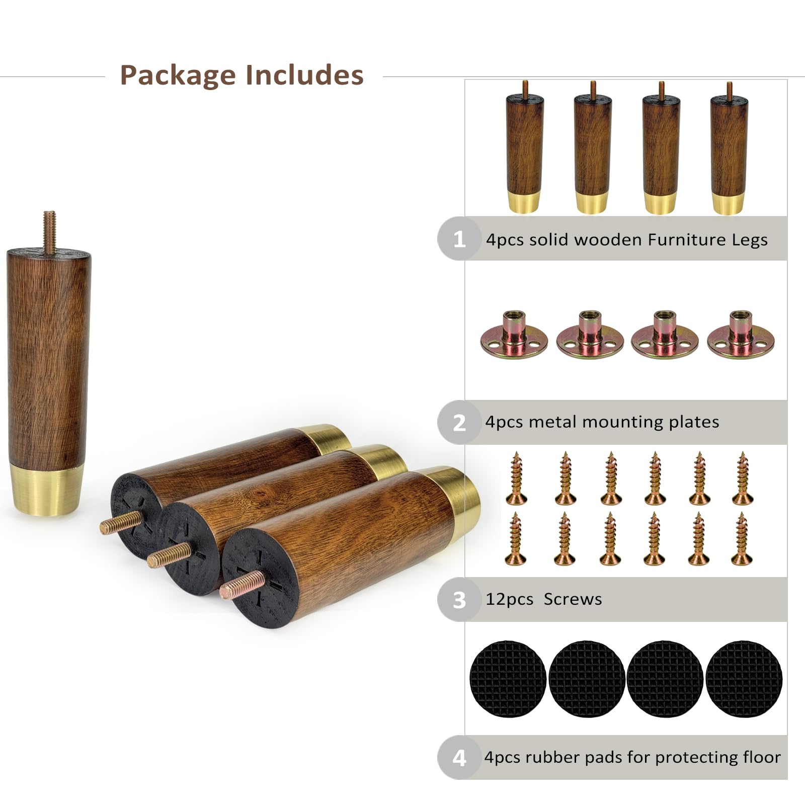 Vilanca 15cm Wooden Furniture Legs with Gold Cap Set of 4 Sofa Replacement Solid Wood Furniture Feet for Armchair Couch Cabinet Dresser Ottoman TV Stand Bed Legs (6inch) - Image 2