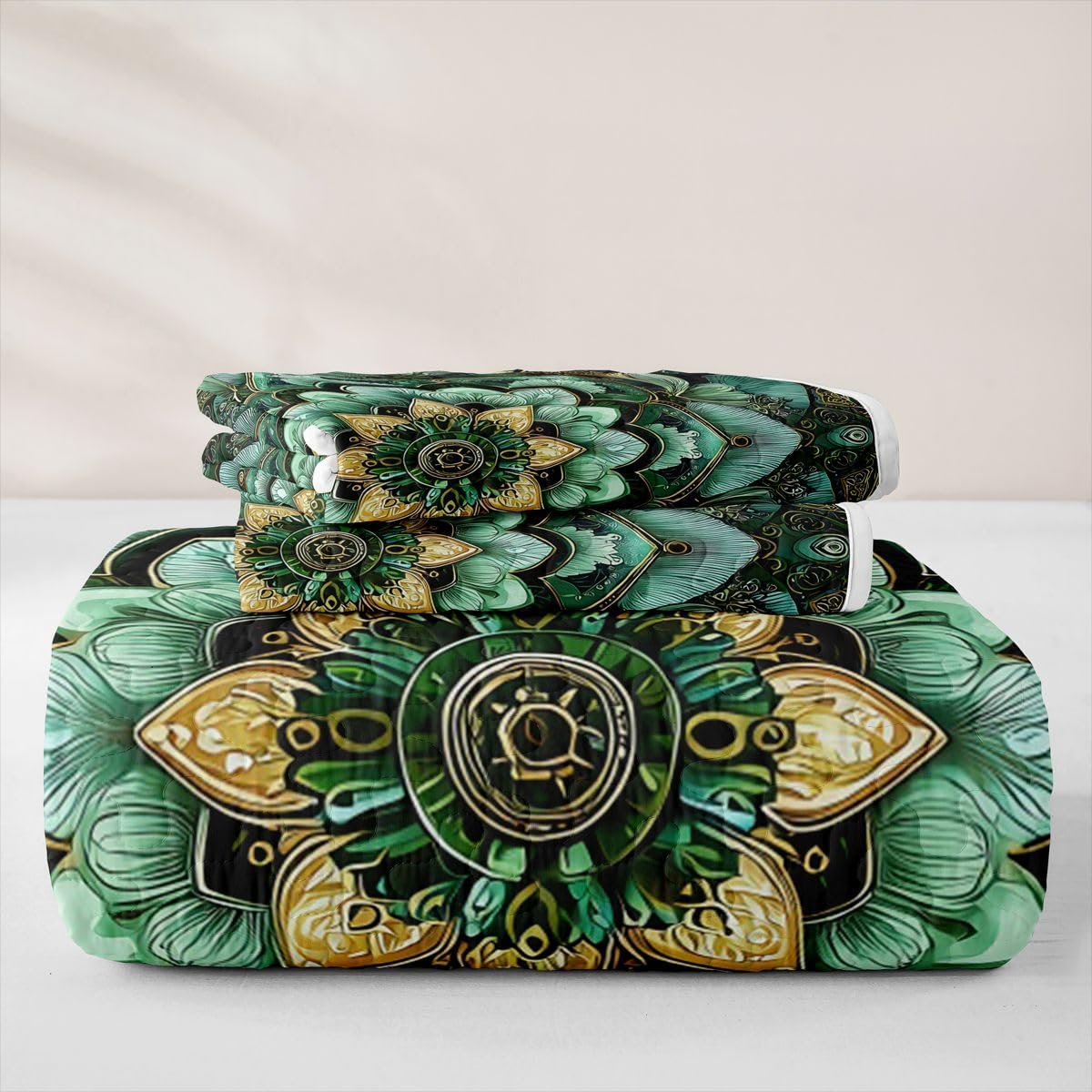 Boho Mandala Floral Quilted Bedspread King Size,Paisley Flowers Bohemian Vintage Quilt Bedding Set,Luxurious Baroque Damask Bed Covers All Season,Black Green Quilted Coverlet 3 Pieces,2 Pillowcases