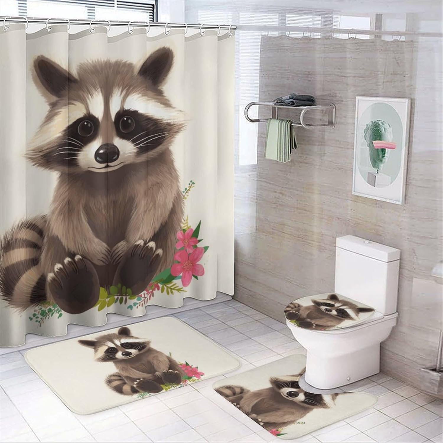 Raccoon Shower Curtain Set 4 Piece, Non-Slip Bath Mat with Toilet Lid Cover and Waterproof Shower Curtain with 12 Hooks, Complete Bathroom Set for Home Decor